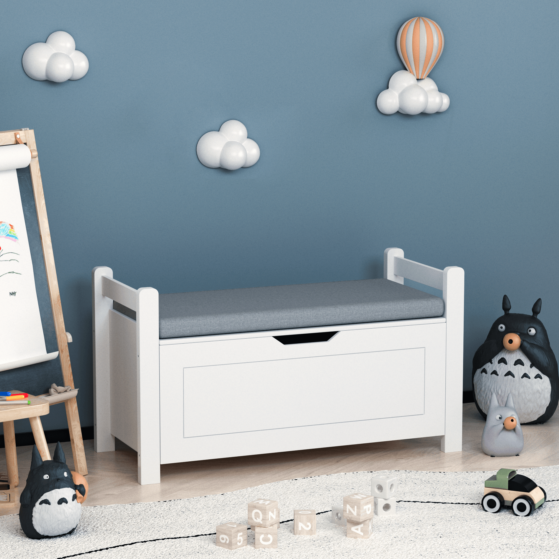 🆓🚛 Kids Toy Box Chest, White Rubber Wood Toy Box for Boys Girls, Large Storage Cabinet With Cushion Seat Bench/Flip-Top Lid/Safety Hinge, Toy Storage Organizer Trunk for Nursery, Playroom