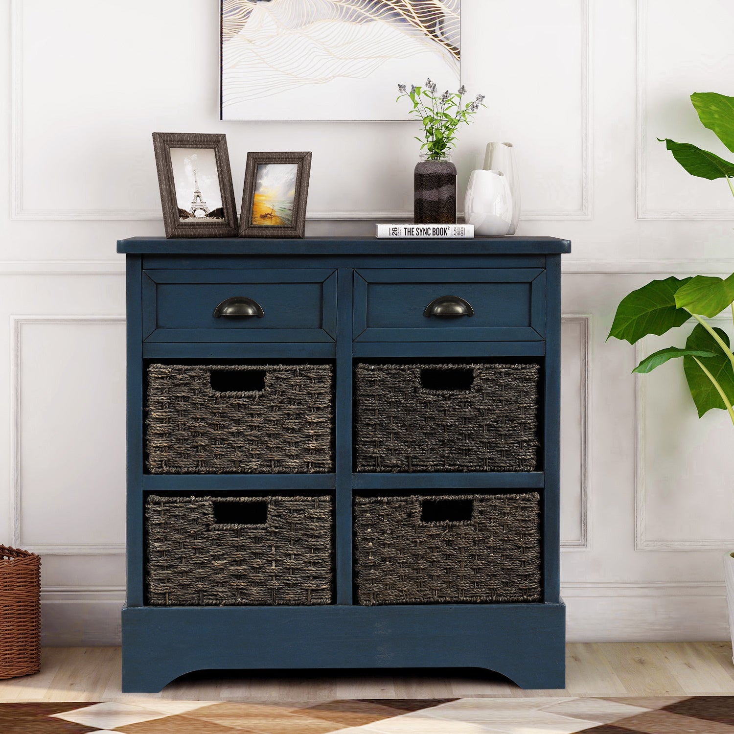 🆓🚛 Rustic Storage Cabinet With Two Drawers and Four Classic Rattan Basket for Dining Room/Entryway/Living Room (Antique Navy)