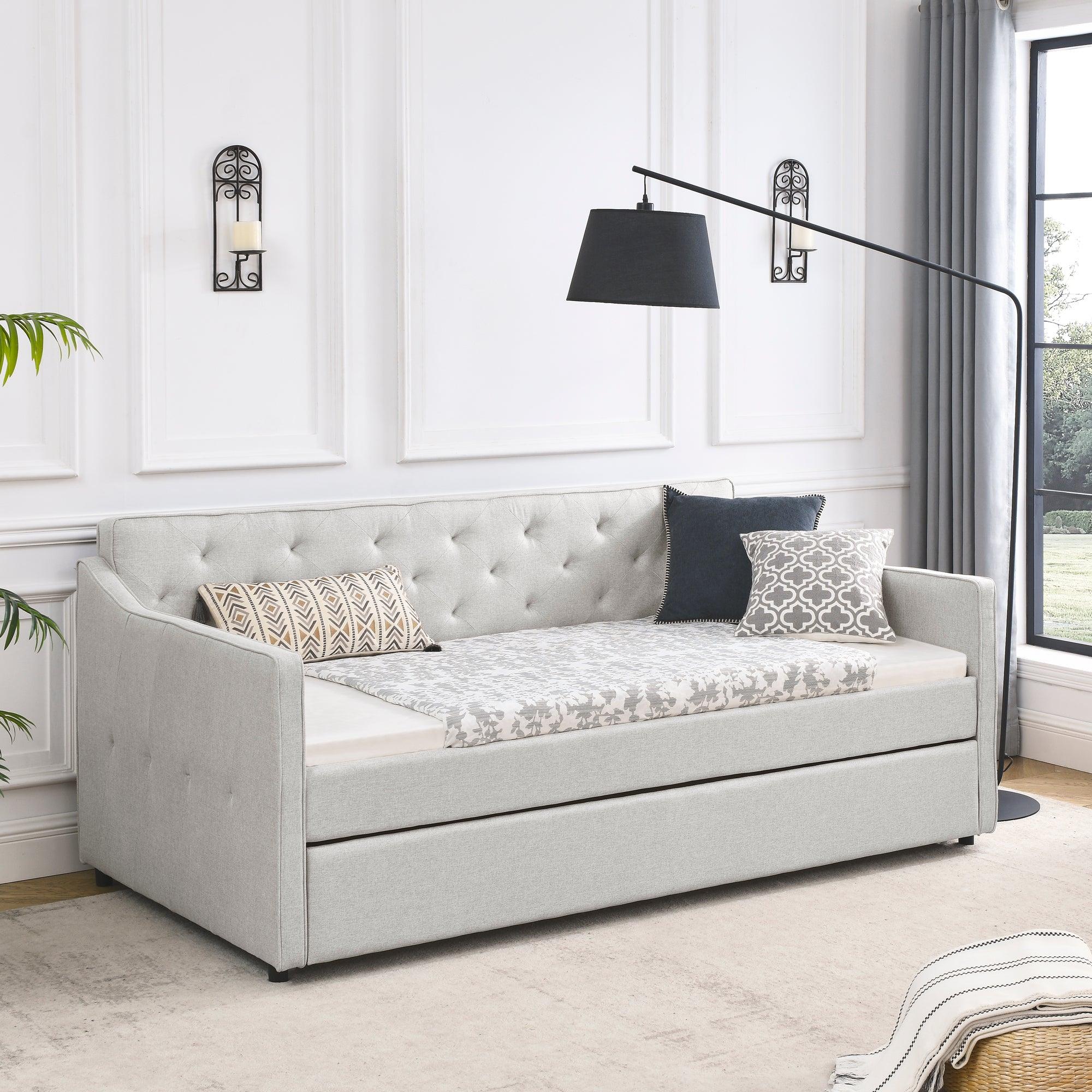 🆓🚛 Twin Size Daybed With Twin Size Trundle Upholstered Tufted Sofa Bed, Waved Shape Arms, Beige (80.5" X44.5" X33.5" )