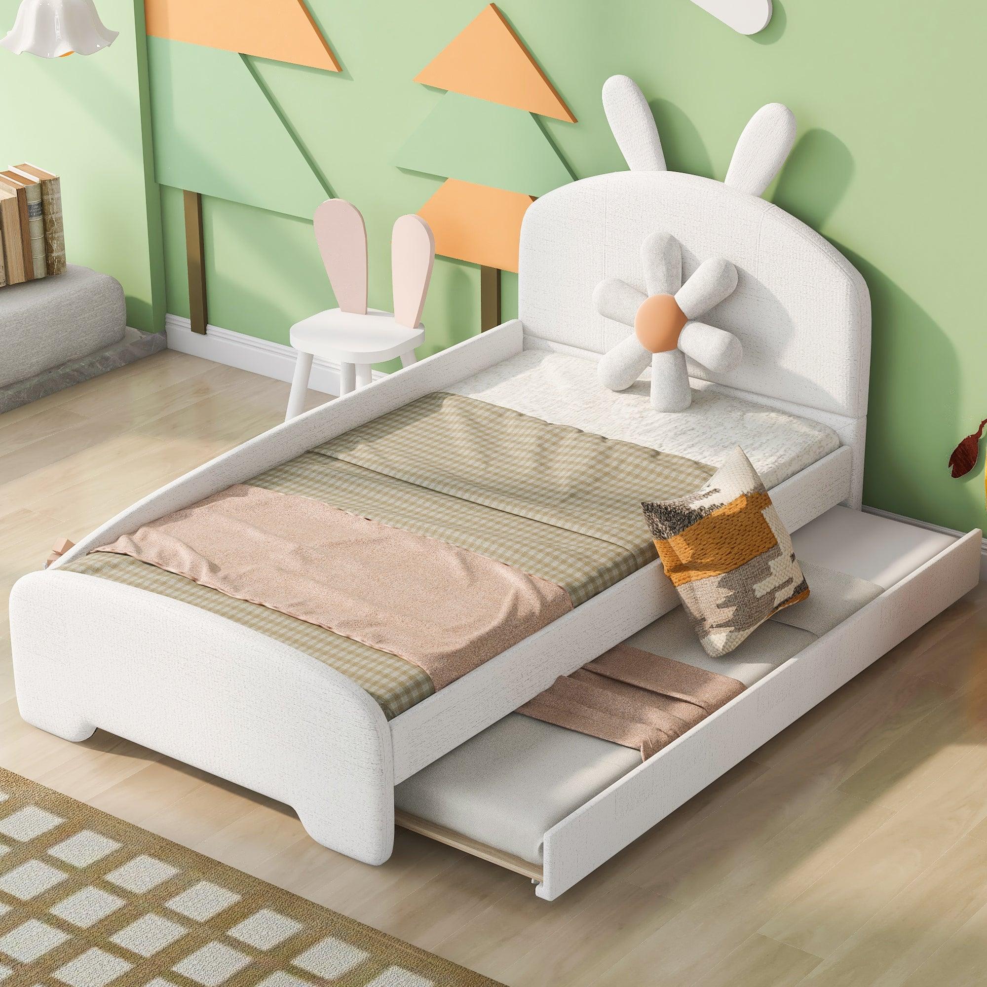 🆓🚛 Twin Size Upholstered Platform Bed With Cartoon Ears Shaped Headboard & Trundle, White