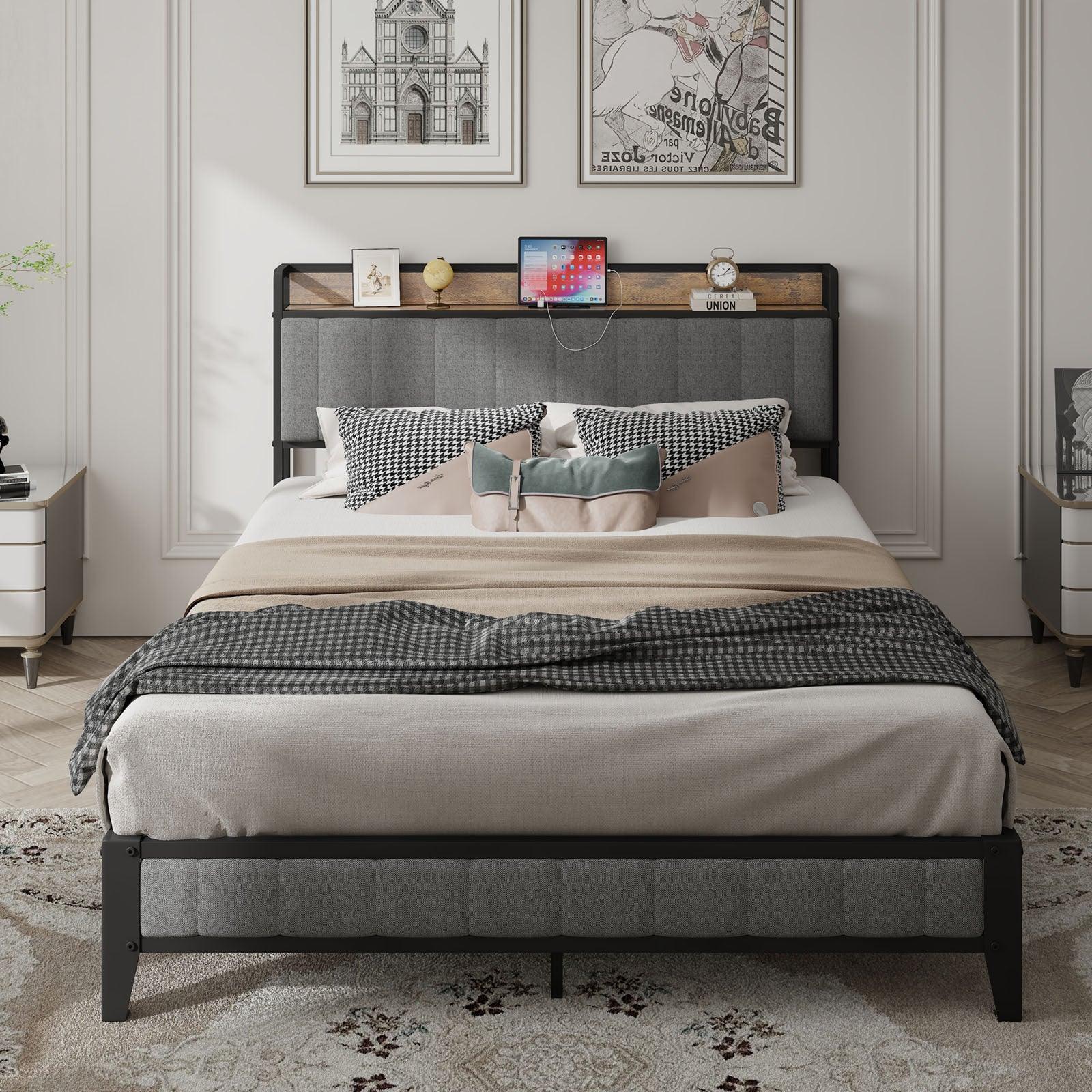 🆓🚛 Queen Size Bed Frame With Charging Station, Upholstered Headboard, Metal Platform, Gray