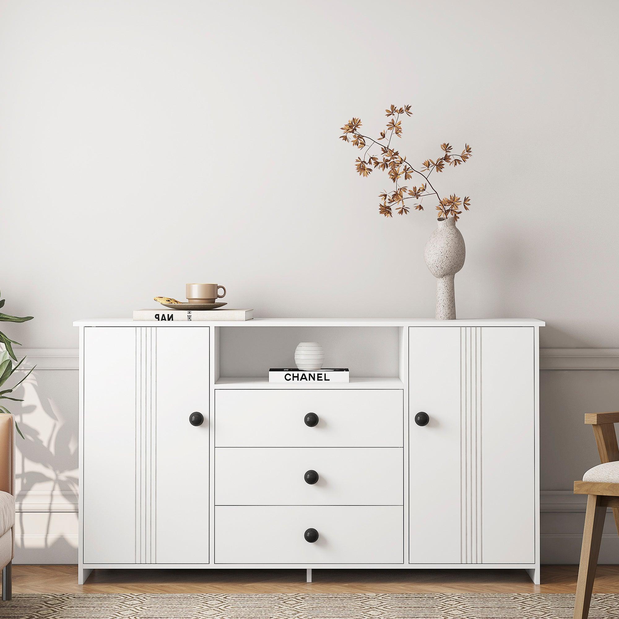 🆓🚛 Sideboard Buffet Cabinet With Storage, Modern Kitchen Buffet Storage Cabinet With Drawer & Doors, 47" Large Coffee Bar With Adjustable Shelves for Kitchen, White