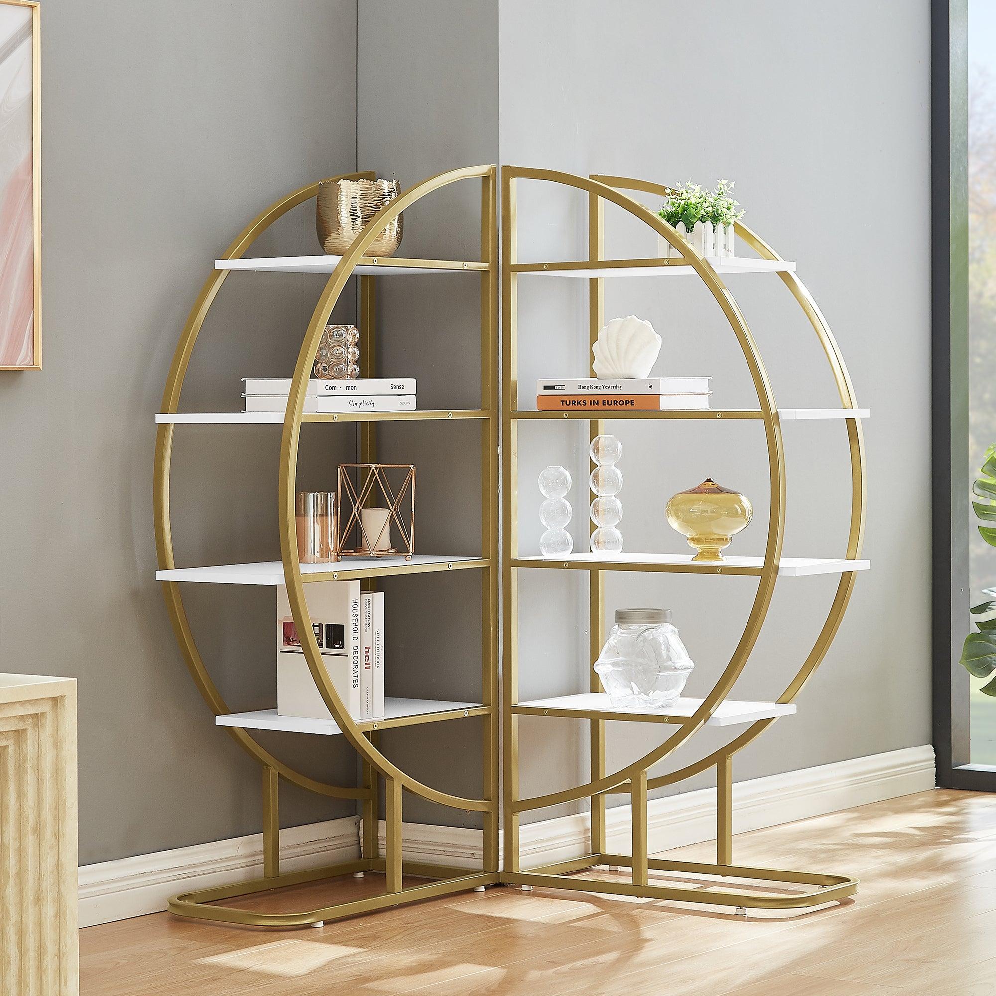 🆓🚛 4 Tiers Home Office Open Bookshelf, Round Shape, Different Placement Ways, Mdf Board, Gold Metal Frame, White