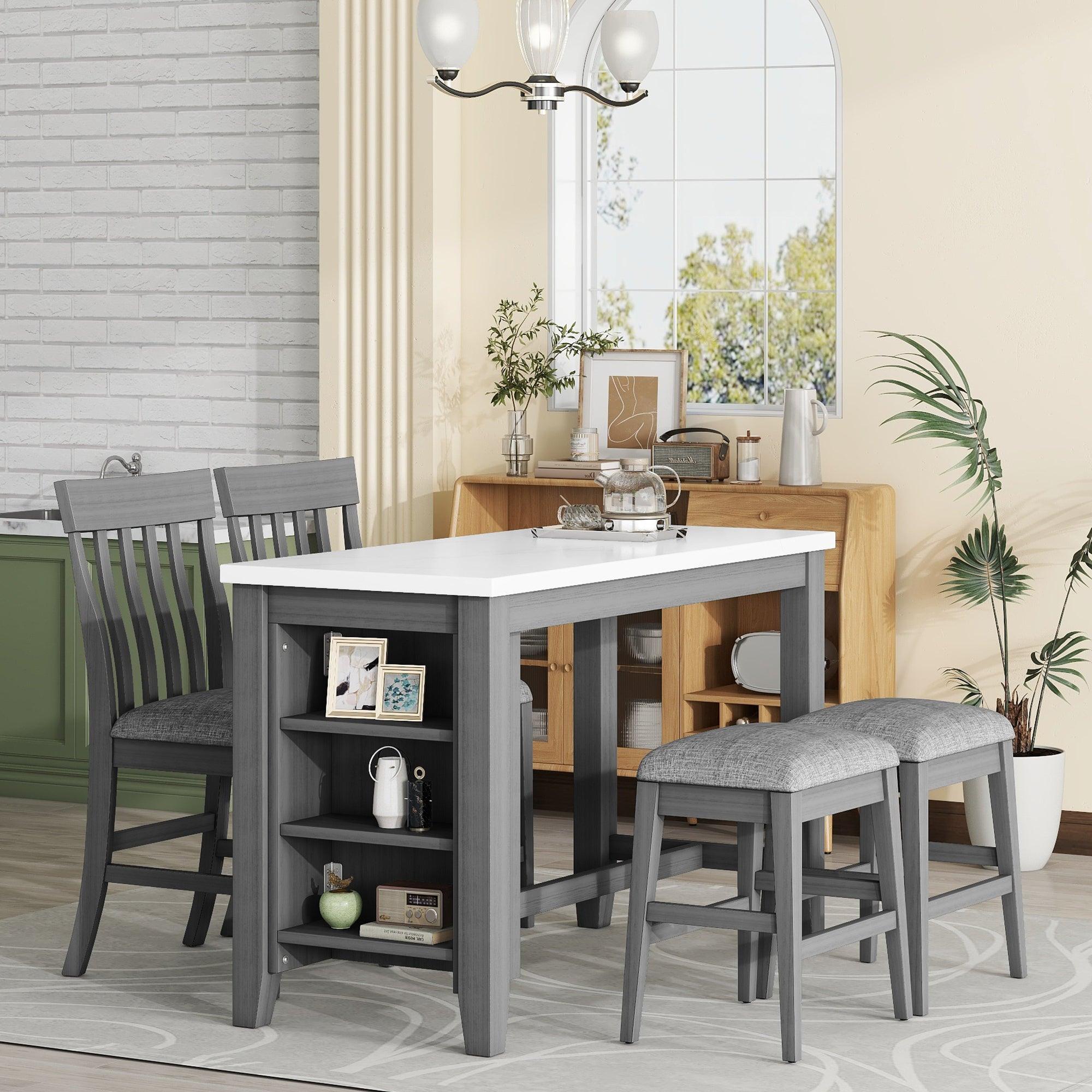 🆓🚛 5-Piece Counter Height Dining Table Set With Built-in Storage Shelves, Gray