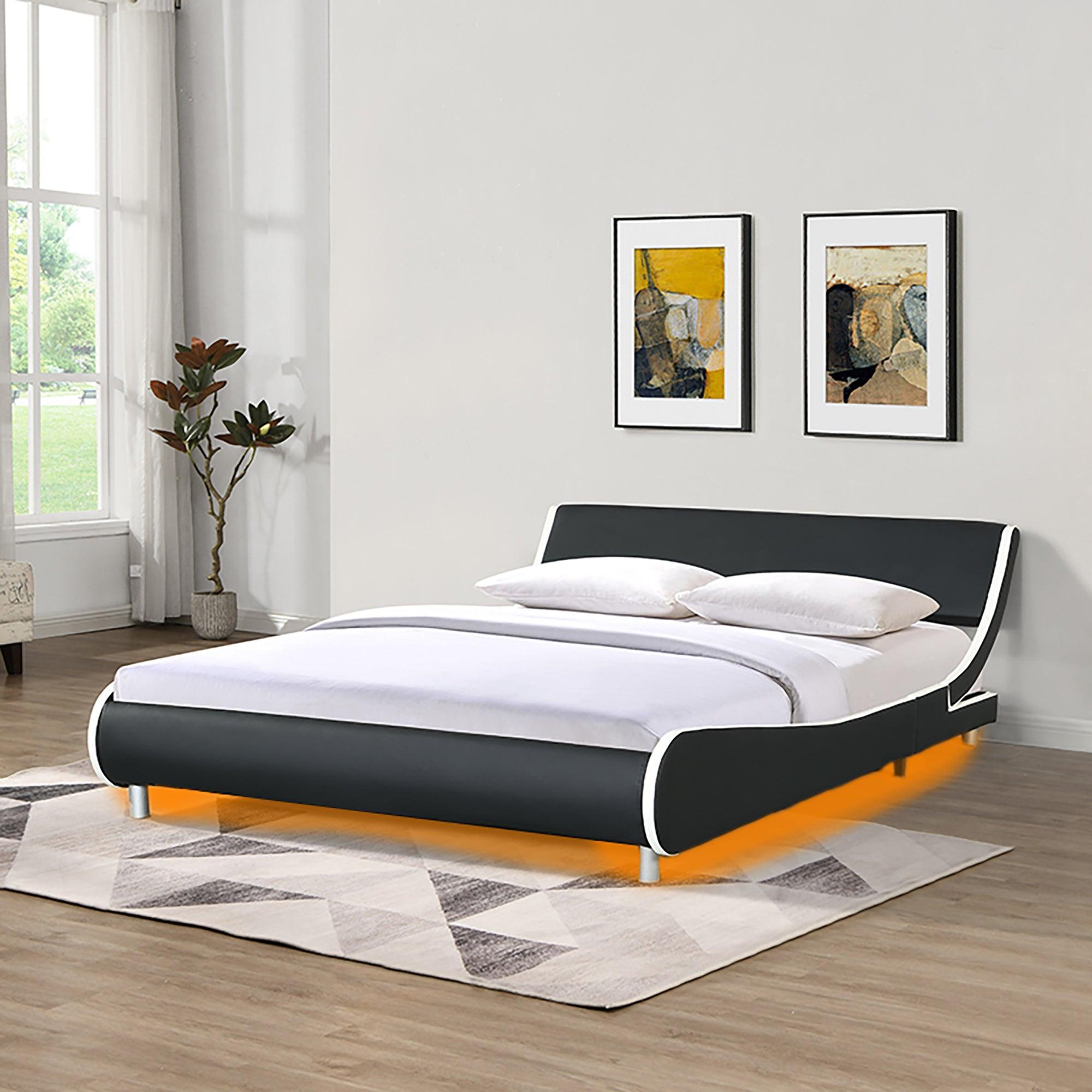 🆓🚛 Queen Size Faux Leather Upholstered Platform Bed Frame, Led Lighting, Remote Controller & App, Curve Design, Black & White