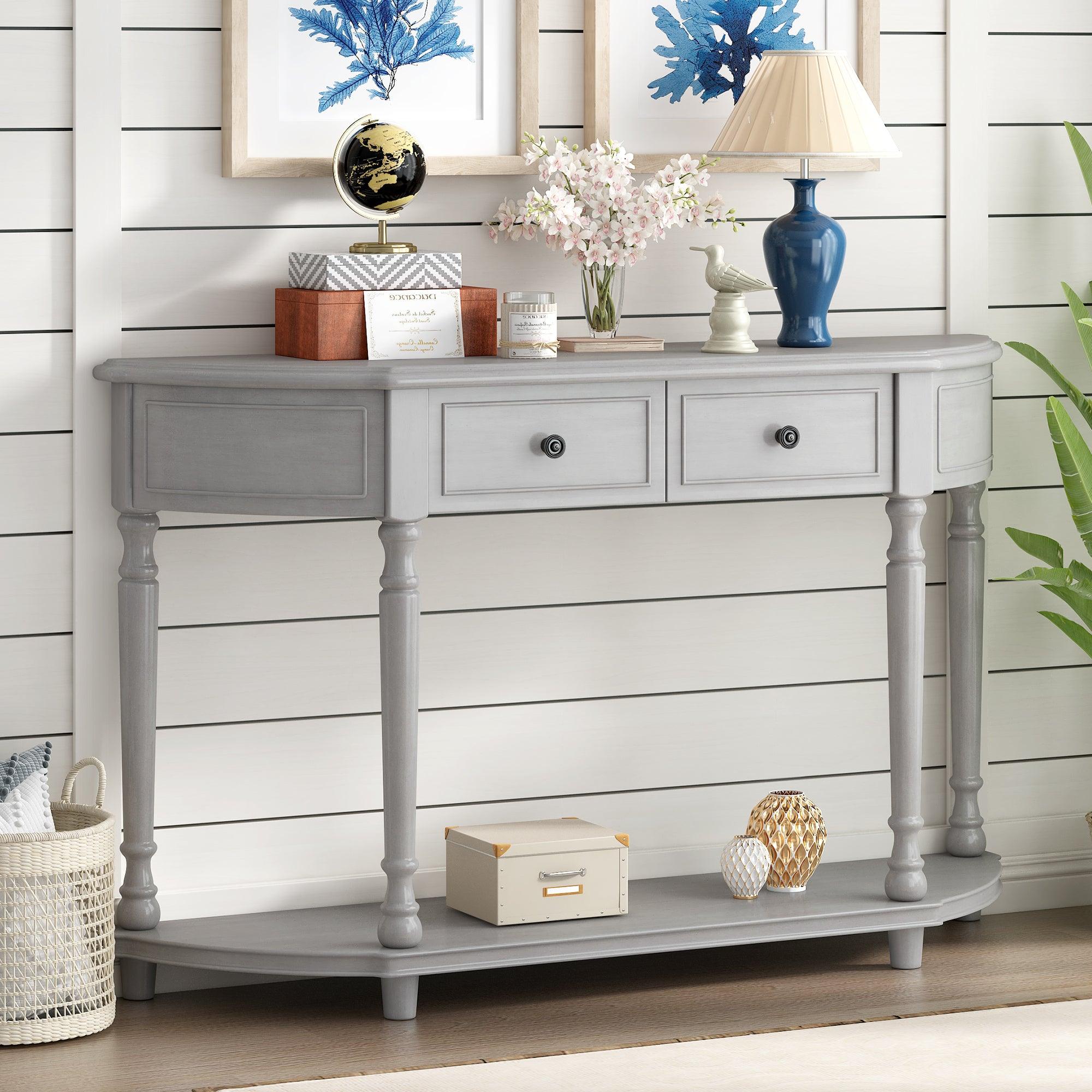 🆓🚛 Retro Circular Curved Design Console Table With Open Style Shelf Solid Wooden Frame & Legs Two Top Drawers, Gray Wash,