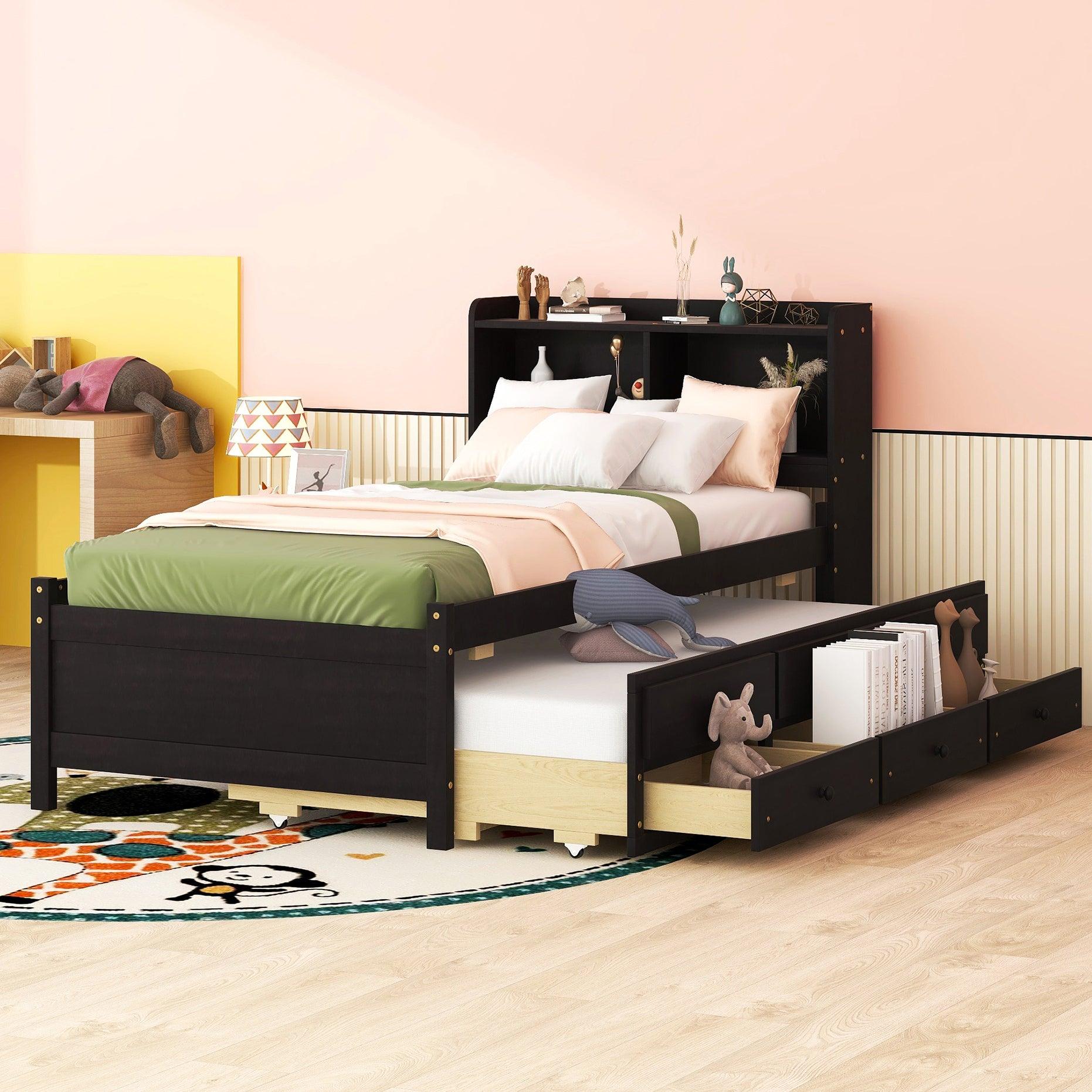 🆓🚛 Twin Size Bed With Built-in Usb, Type-C Ports, Led Light, Bookcase Headboard, Trundle & 3 Storage Drawers, Twin Size Bed With Bookcase Headboard, Trundle & Storage Drawers, Espresso