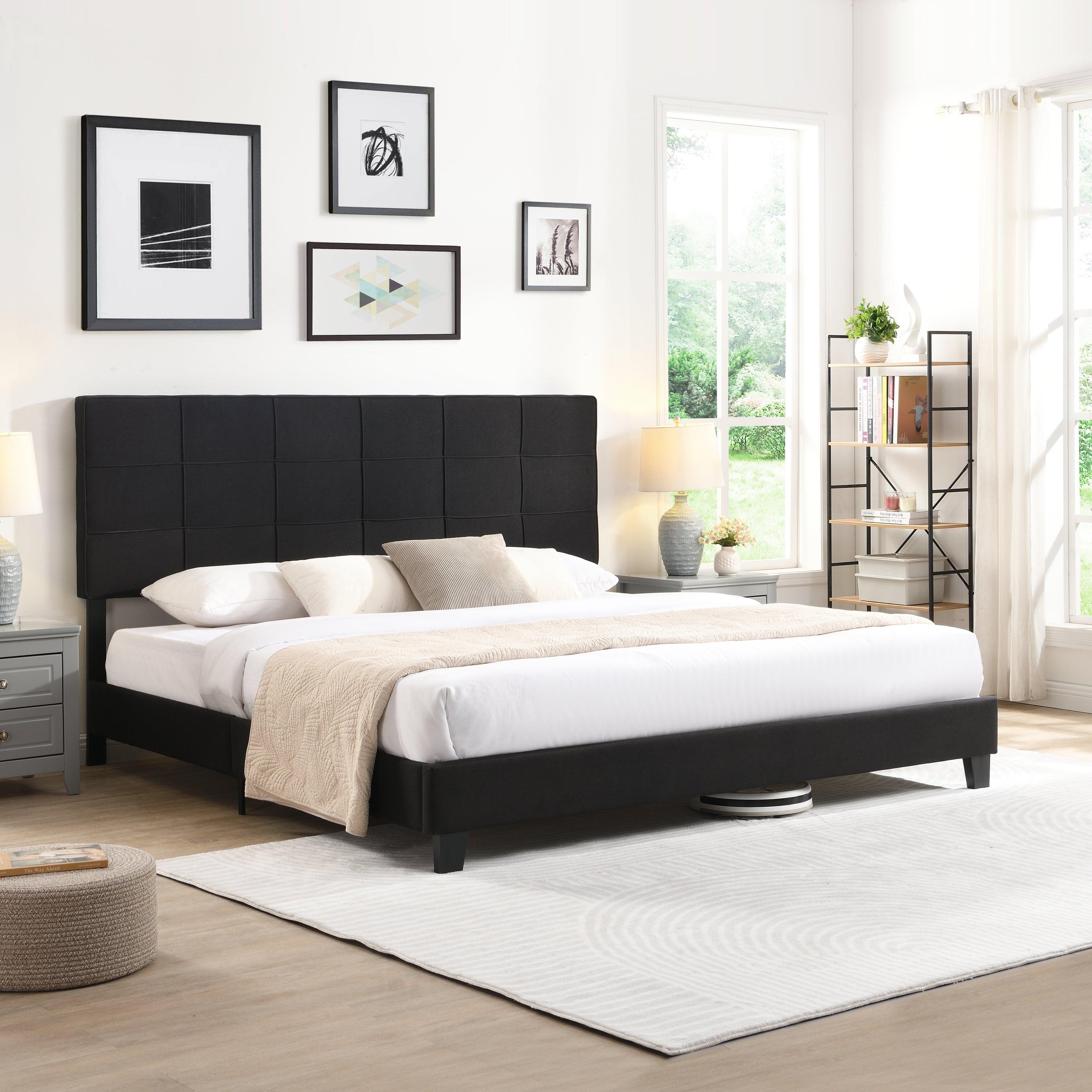 🆓🚛 King Size Upholstered Platform Bed Frame With Linen Fabric Headboard, No Box Spring Needed, Wood Slat Support, Easy Assembly, Black