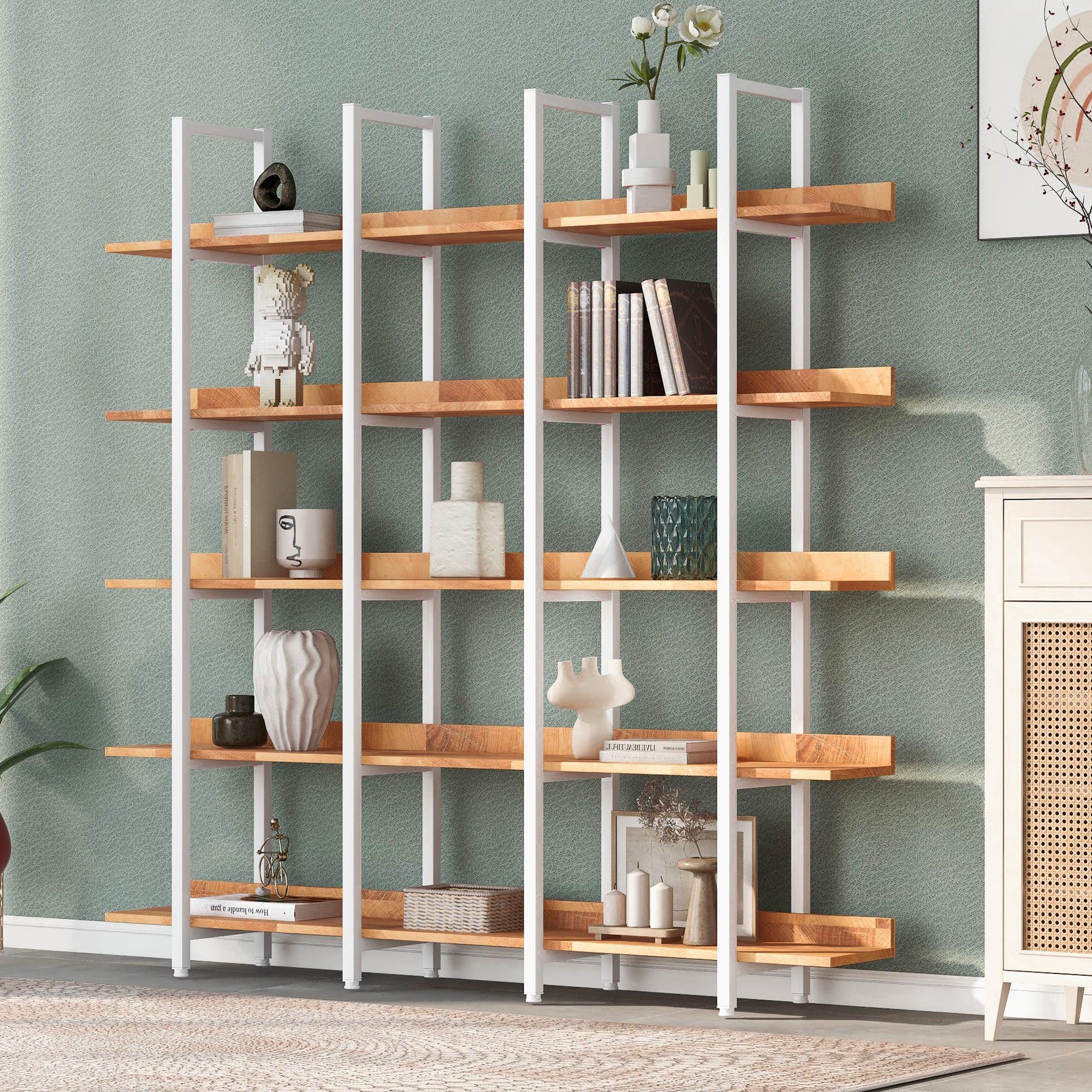 🆓🚛 5 Tier Bookcase Home Office Open Bookshelf, Vintage Industrial Style Shelf, White Metal Frame, Brown
