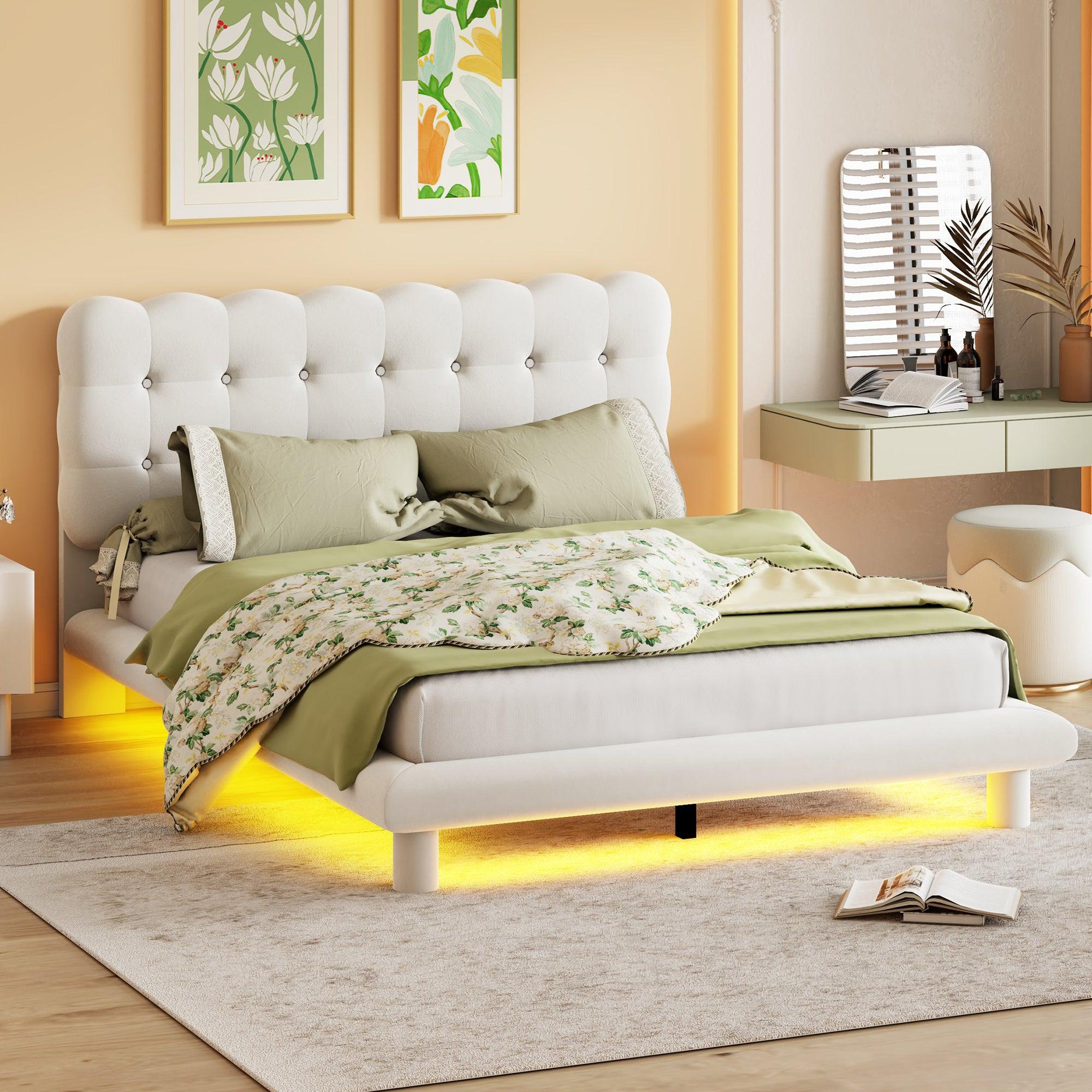 🆓🚛 Queen Size Velvet Platform Bed With Led Frame, Thick & Soft Fabric & Button-Tufted Design Headboard, Beige
