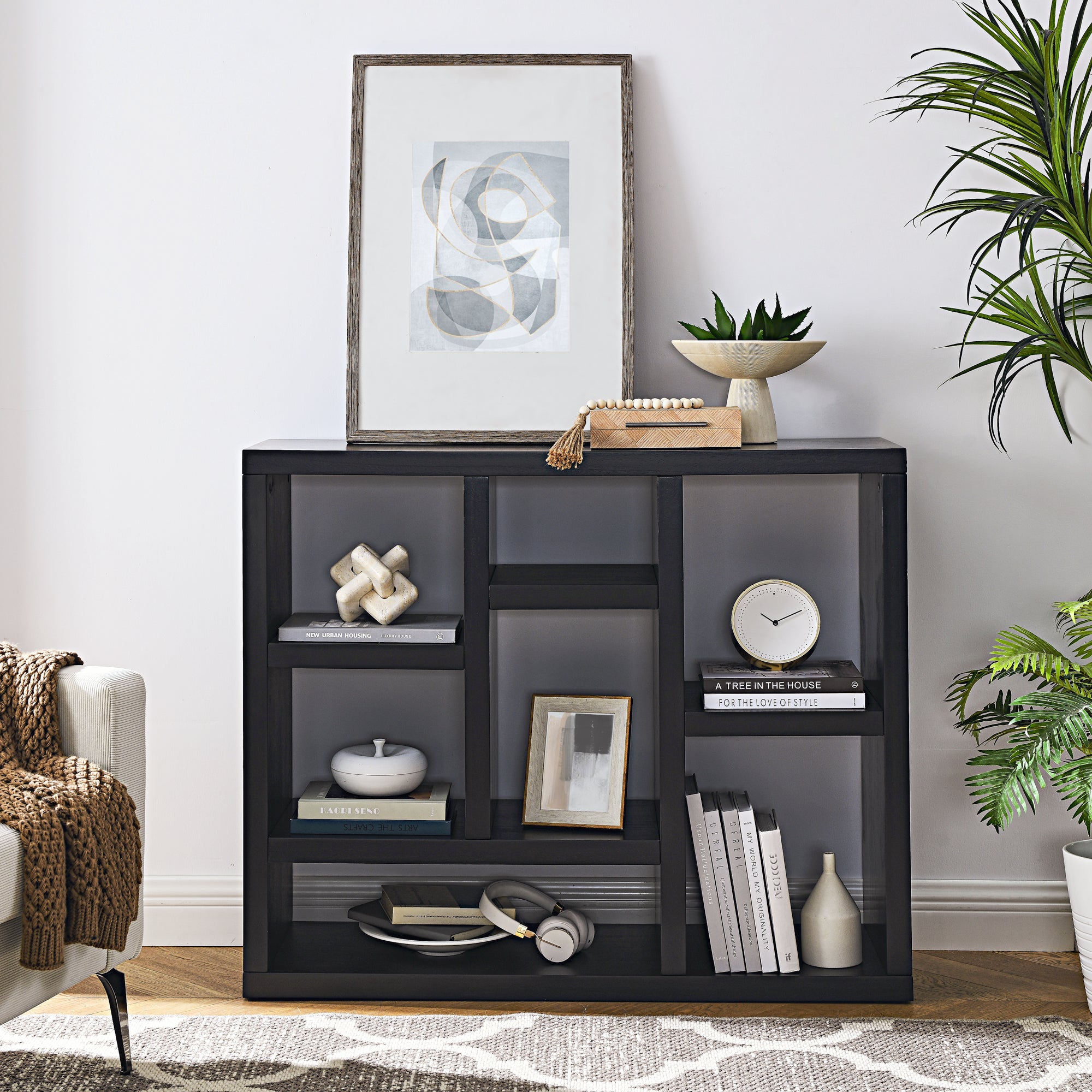 🆓🚛 Wooden Open Shelf Bookcase, Freestanding Display Storage Cabinet With 7 Cube Storage Spaces, Floor Standing Bookshelf, Black