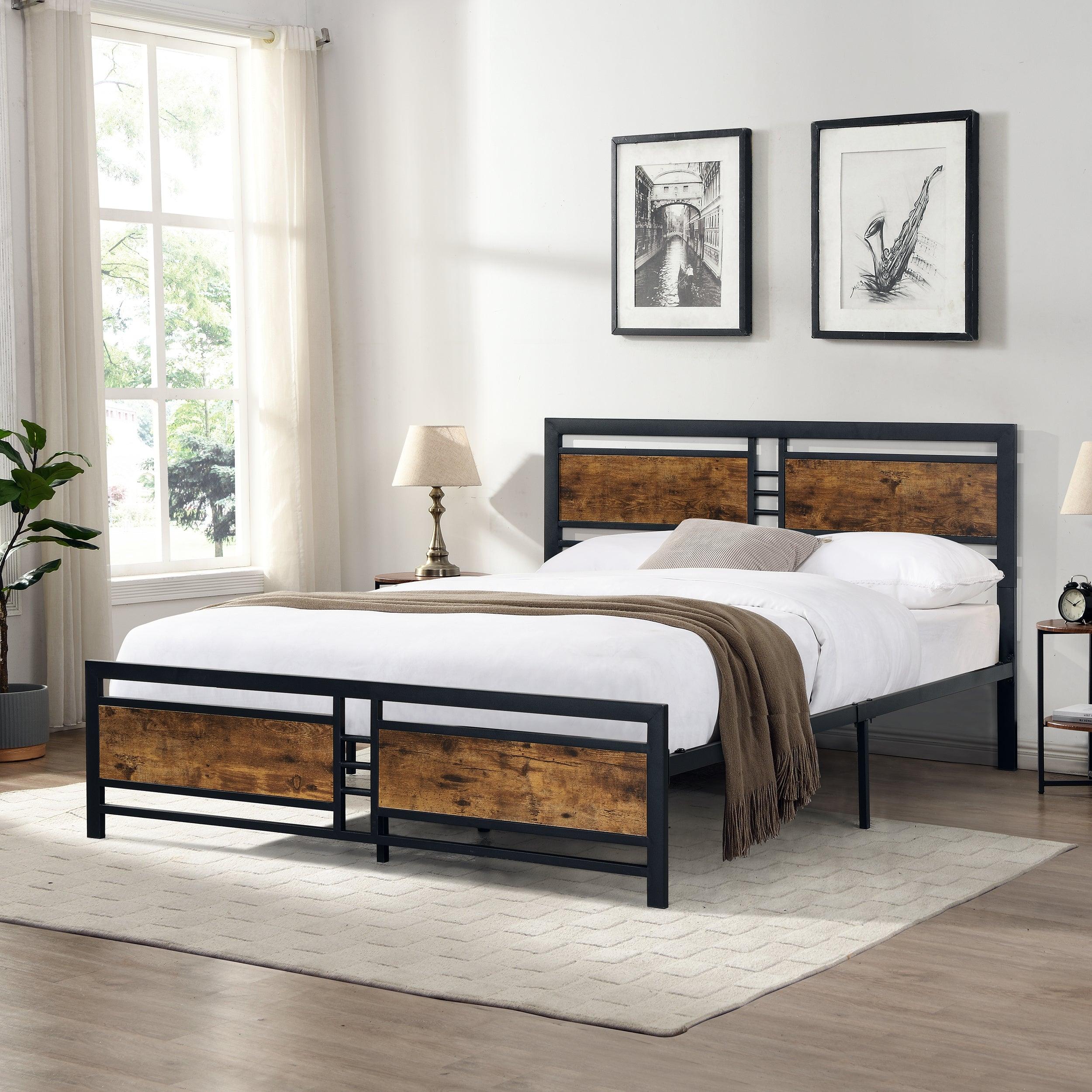 🆓🚛 Full Size Metal Platform Bed Frame With Wood Headboard and Footboard, Rustic Brown