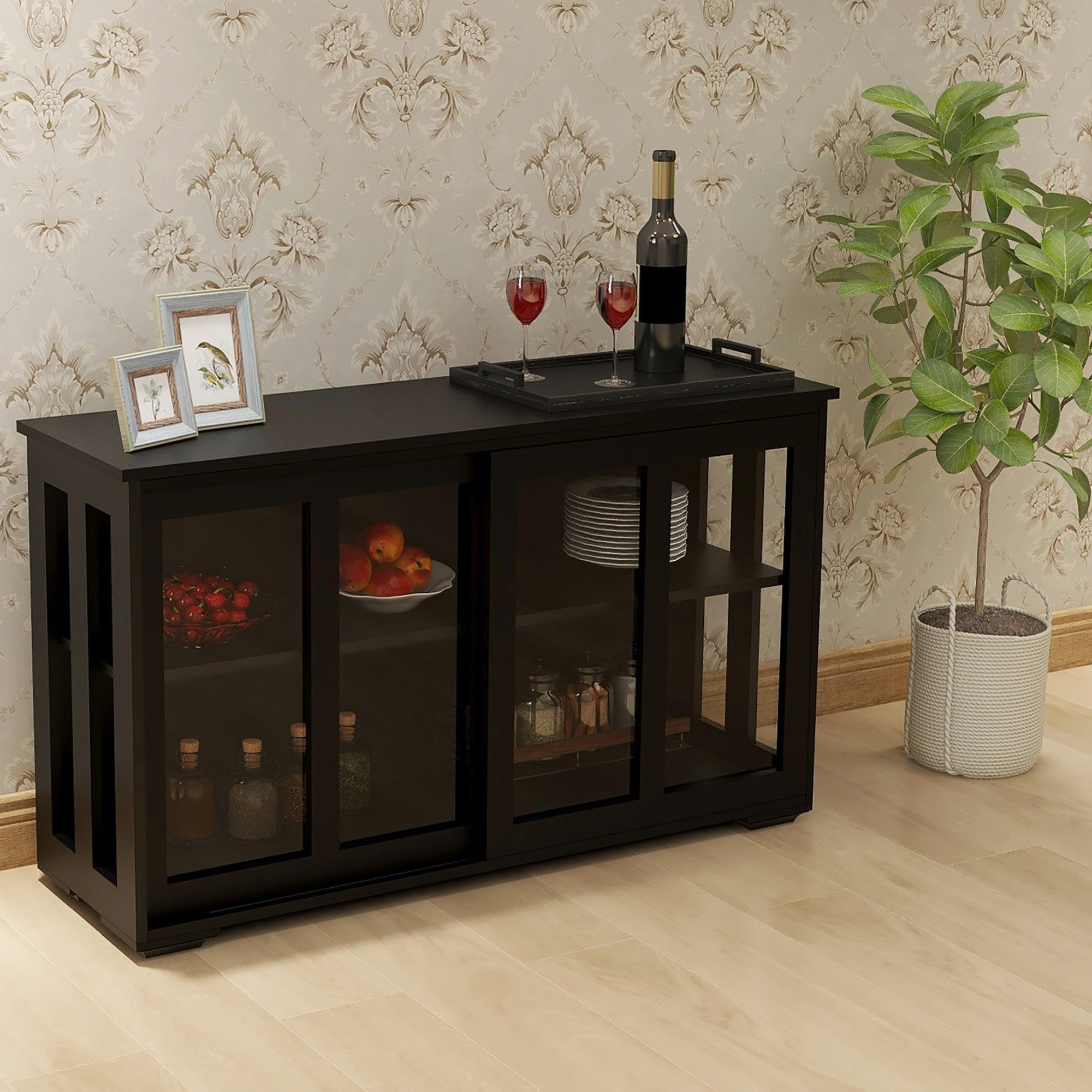 🆓🚛 Kitchen Storage Stand Cupboard With Glass Door-Black