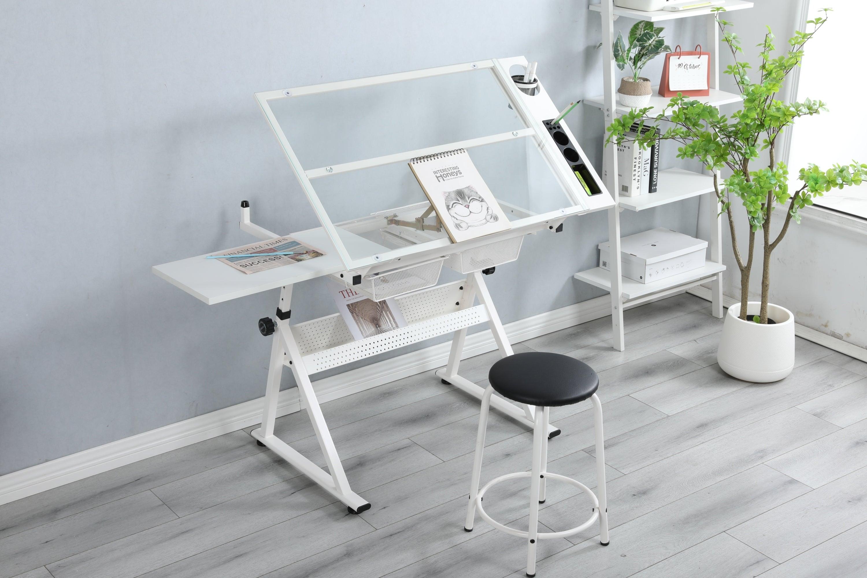 🆓🚛 White Adjustable Tempered Glass Drafting Printing Table With Chair