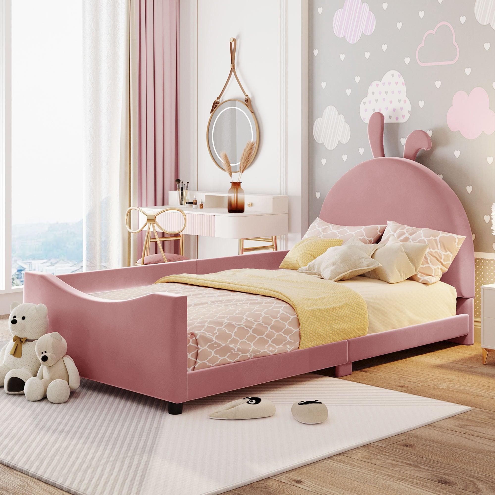 🆓🚛 Twin Size Upholstered Daybed With Rabbit Ear Shaped Headboard, Pink