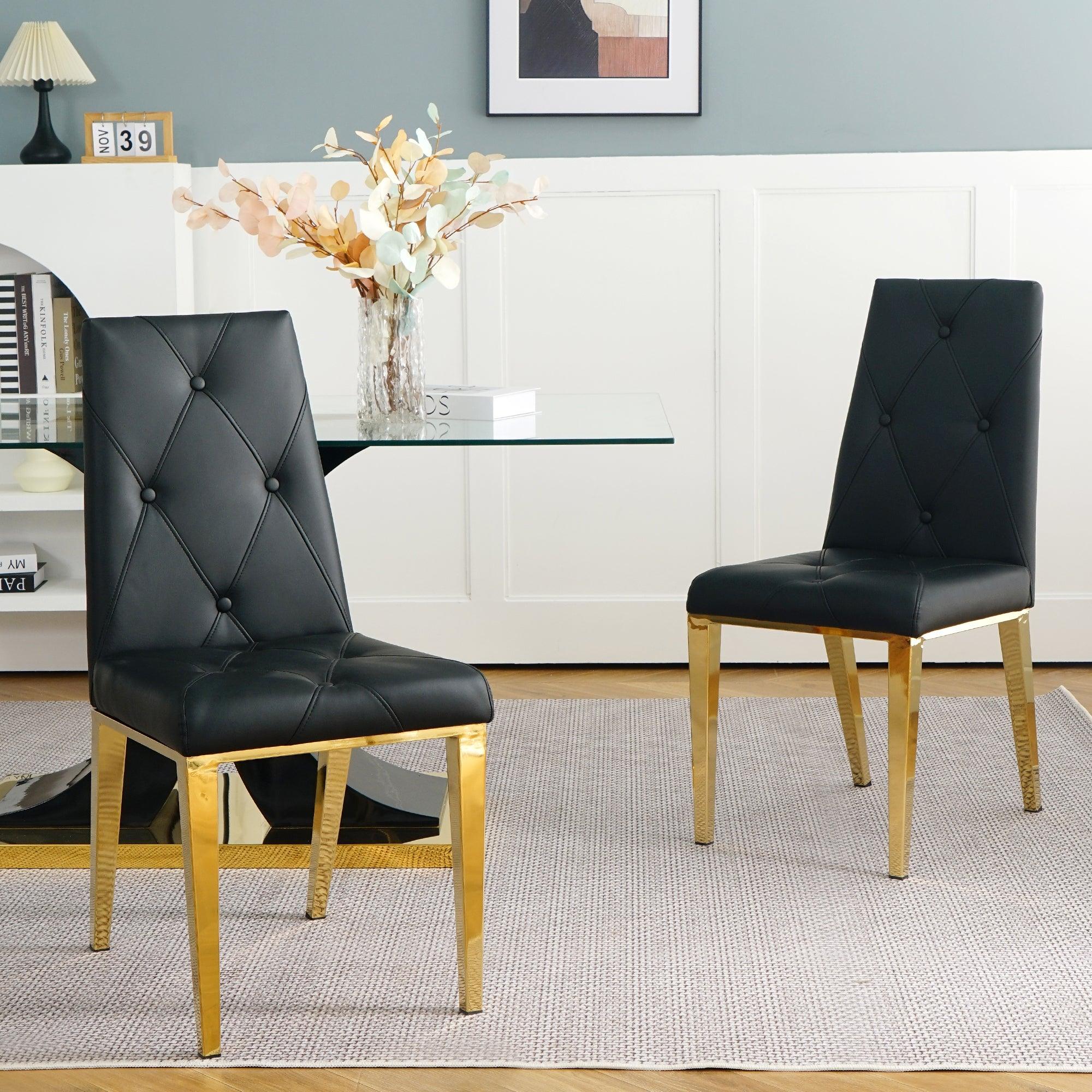 🆓🚛 Modern Simple Light Luxury Dining Chair Black Chair Family Bedroom Chair Pu Fabric Dining Chair Gold-Plated Legs (Set Of 2)