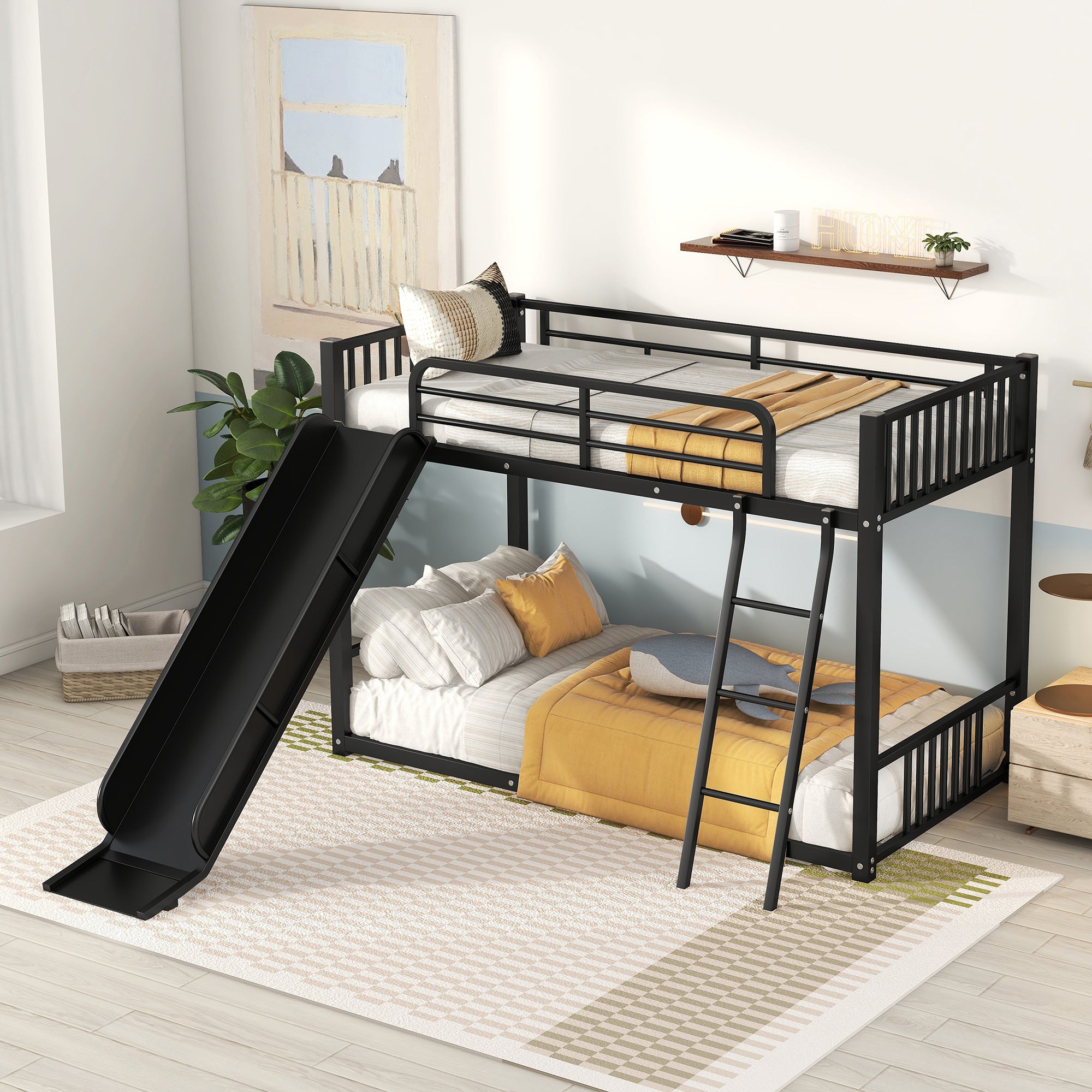 🆓🚛 Metal Bunk Bed With Slide, Twin Over Twin, Black