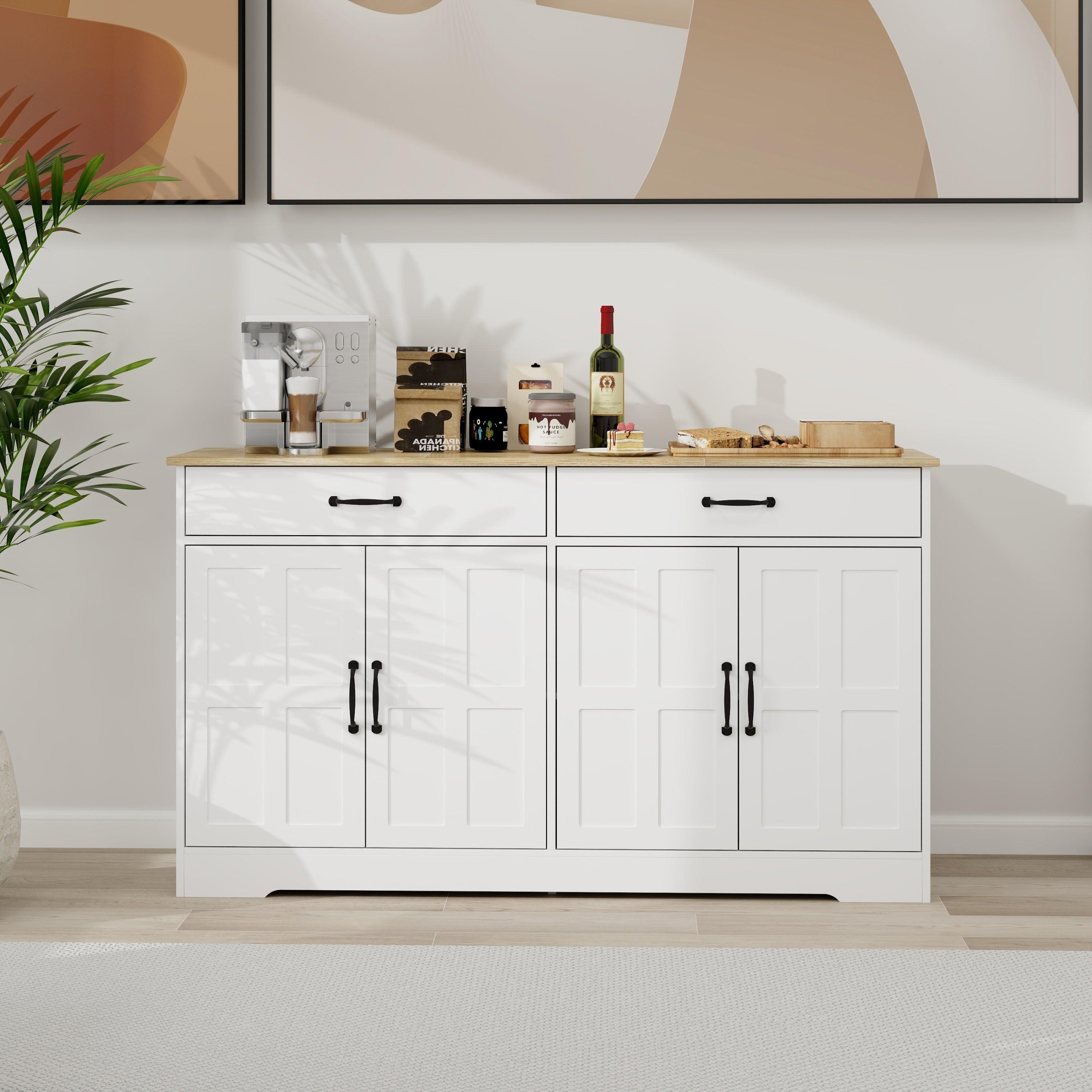 🆓🚛 55.91" Large Farmhouse Buffet Cabinet Storage Sideboard With 2 Drawers & 4 Doors for Dining Living Room Kitchen Cupboard-White