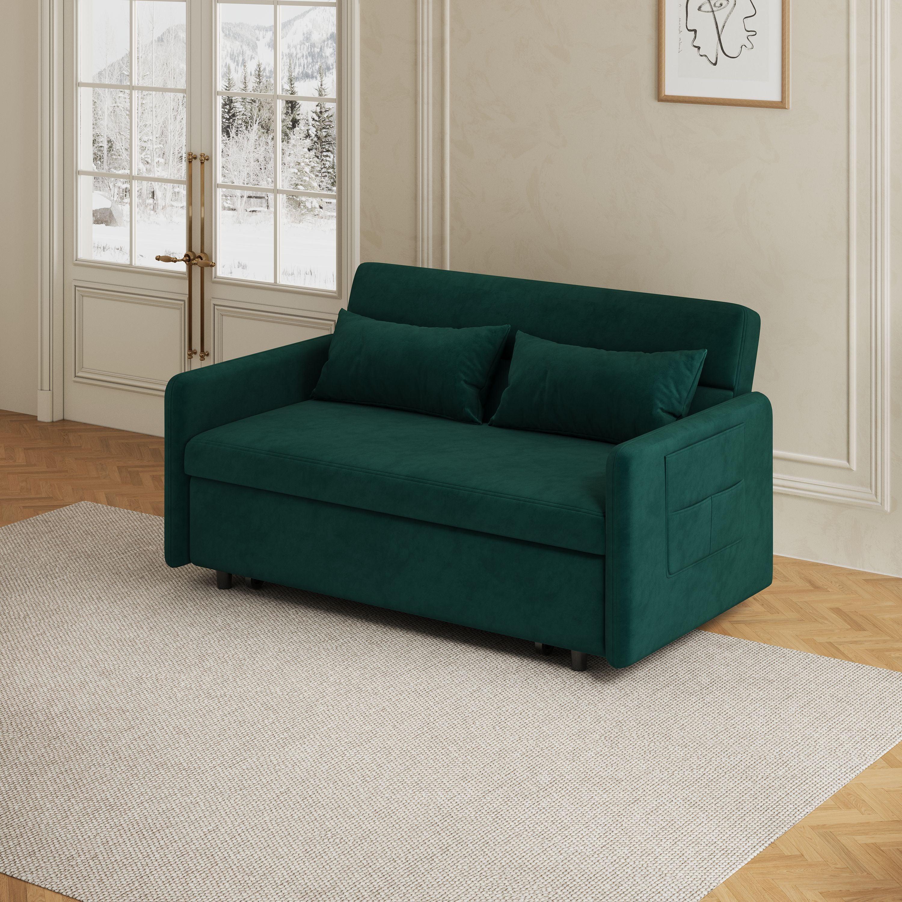 🆓🚛 Sofa Pull Out Bed Included Two Pillows 54" Green Velvet Sofa for Small Spaces