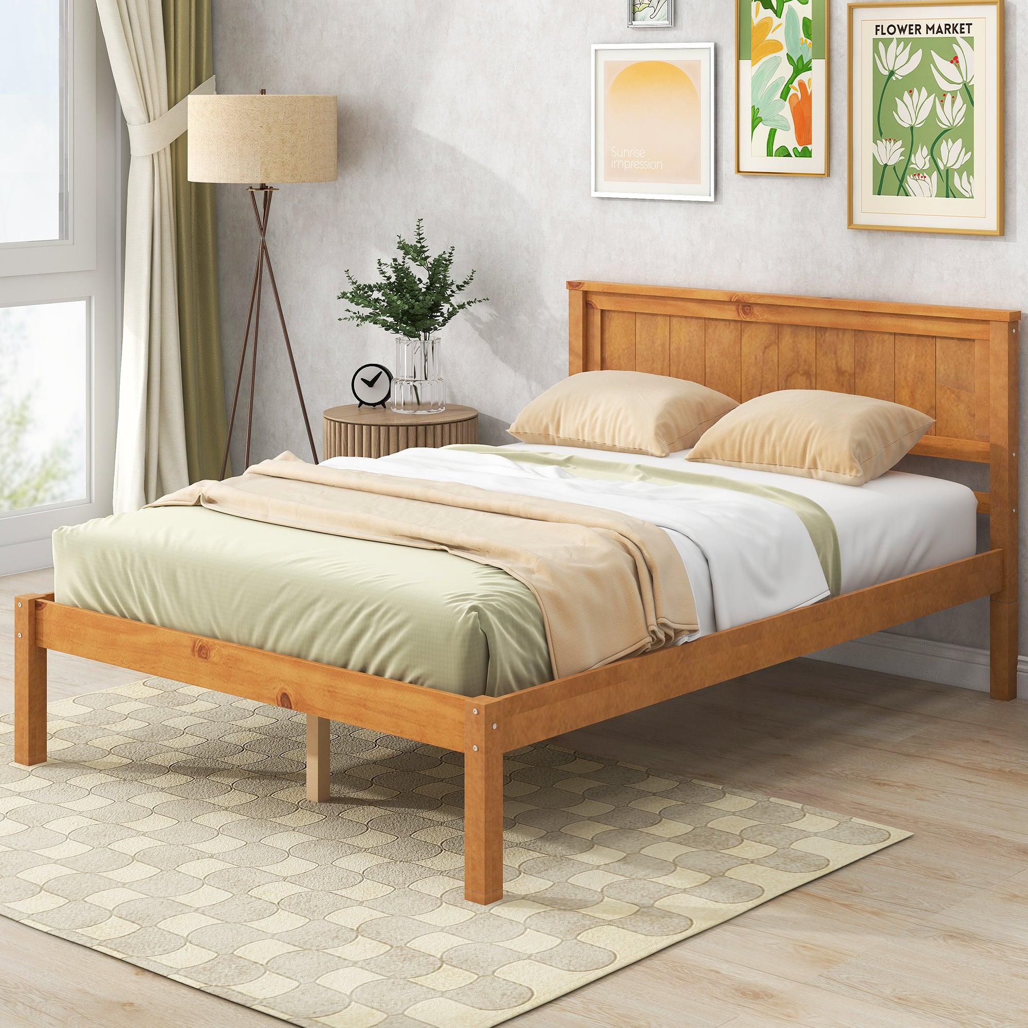 🆓🚛 Platform Bed Frame With Headboard, Wood Slat Support, No Box Spring Needed, Full, Oak