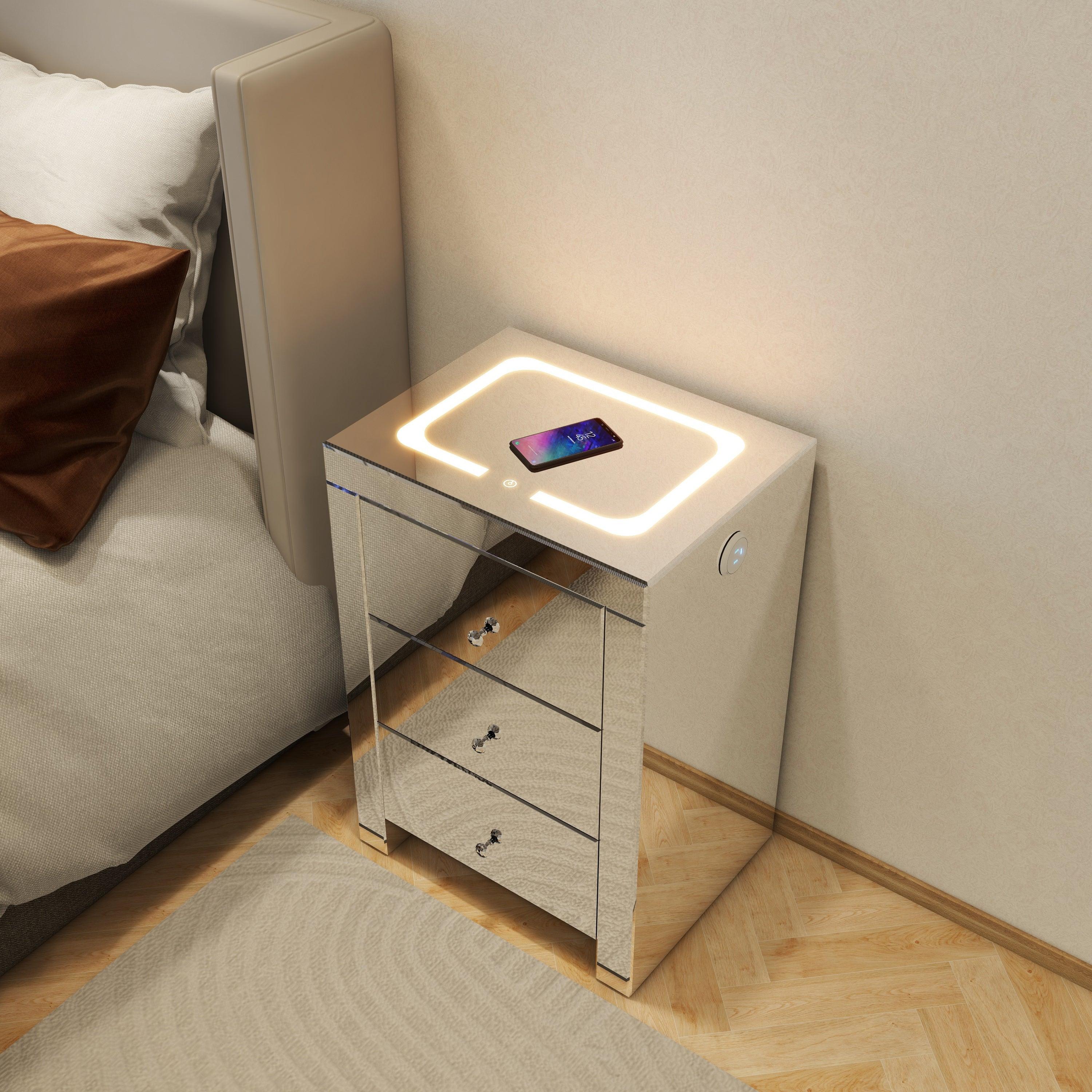 🆓🚛 Silver Glass Nightstand for Living Room, Bedside Table With Wireless Charging & Charging Ports