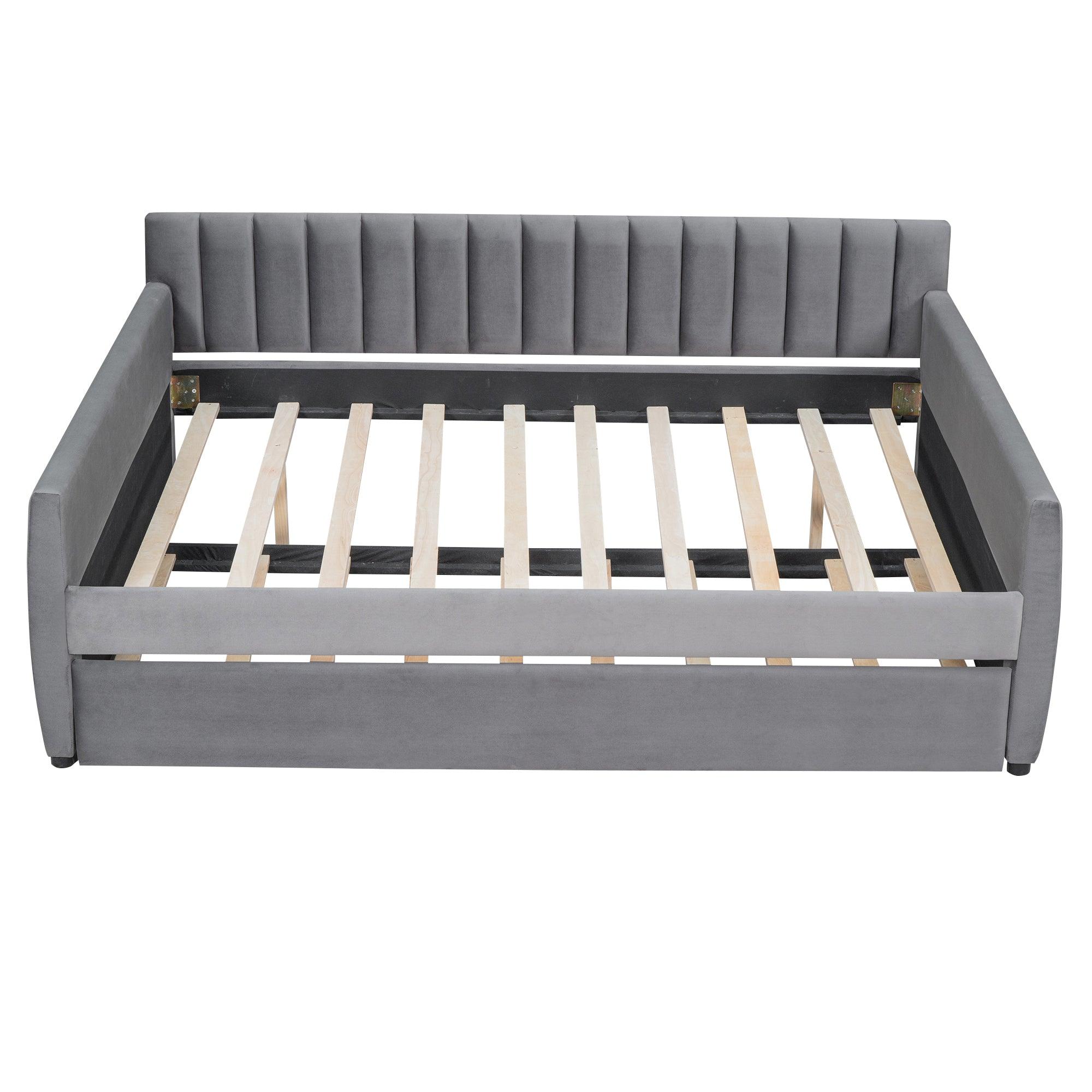 Full Size Upholstered Daybed With Trundle And Wood Slat Support, Gray