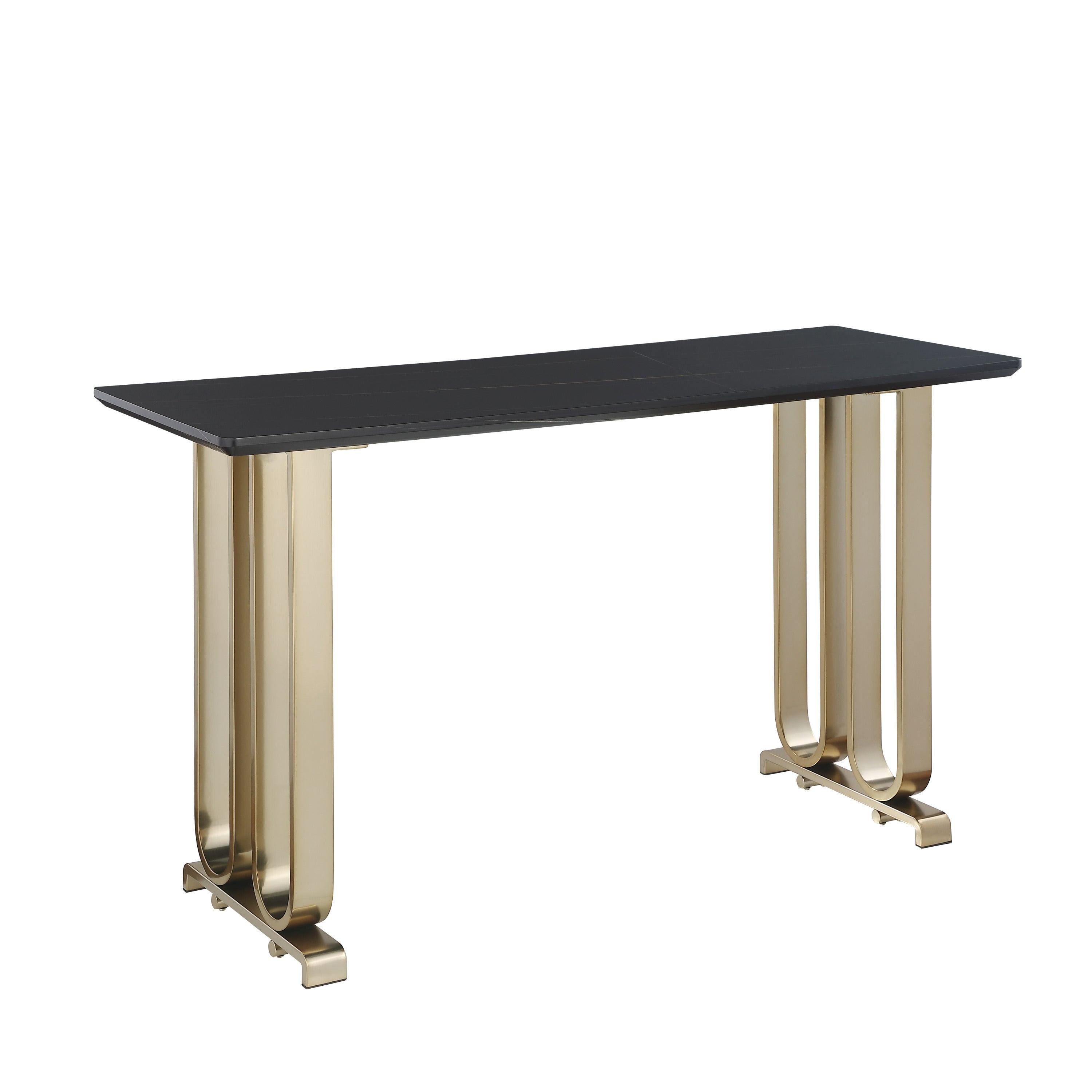 🆓🚛 63" Bar Table, Pub Table Kitchen Dining Coffee Table High Writing Computer Table With Lauren Gold Black Top, Brushed Brass Metal Base