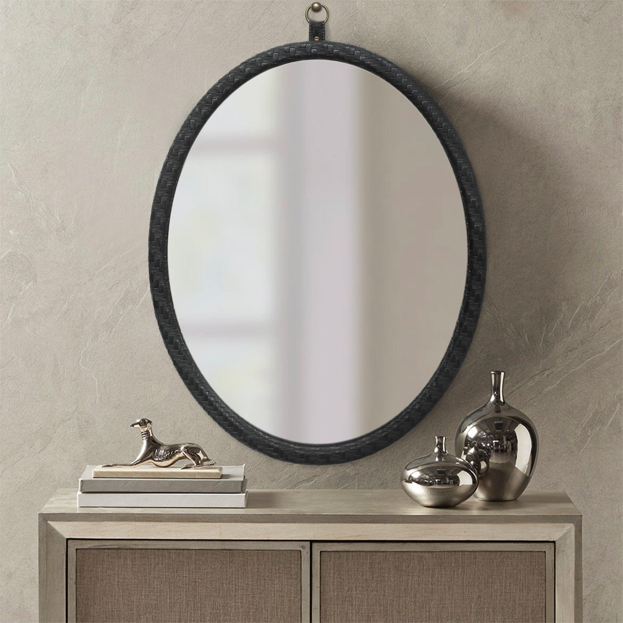 🆓🚛 Oval Black Woven Grain Decorative Wall Hanging Mirror, Pu Covered Mdf Framed Mirror for Bedroom Living Room Vanity Entryway Wall Decor, 23.62X29.92"