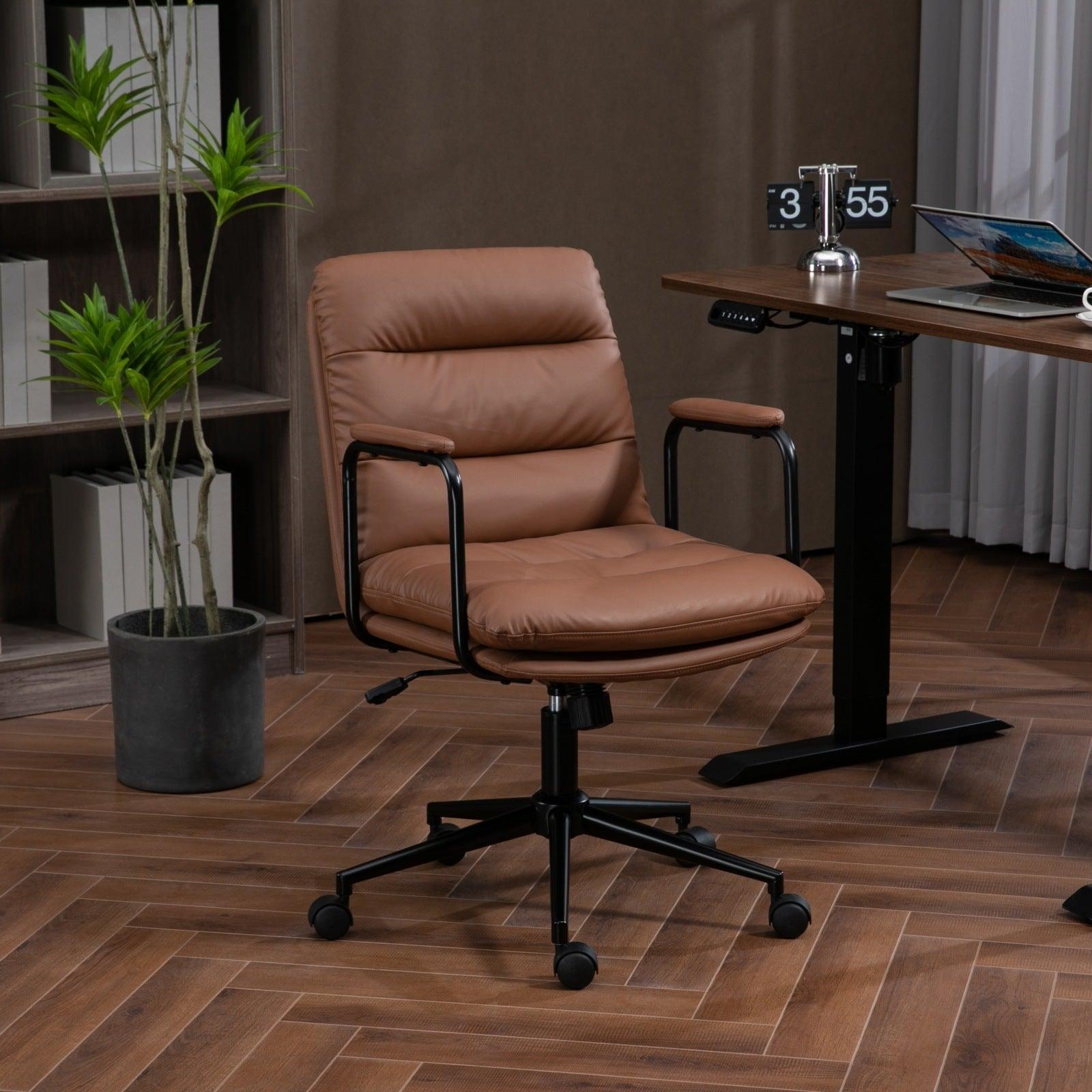 🆓🚛 Office Chair With Wheels & Arms Ergonomic Pu Leather, Can Recline 40, Brown