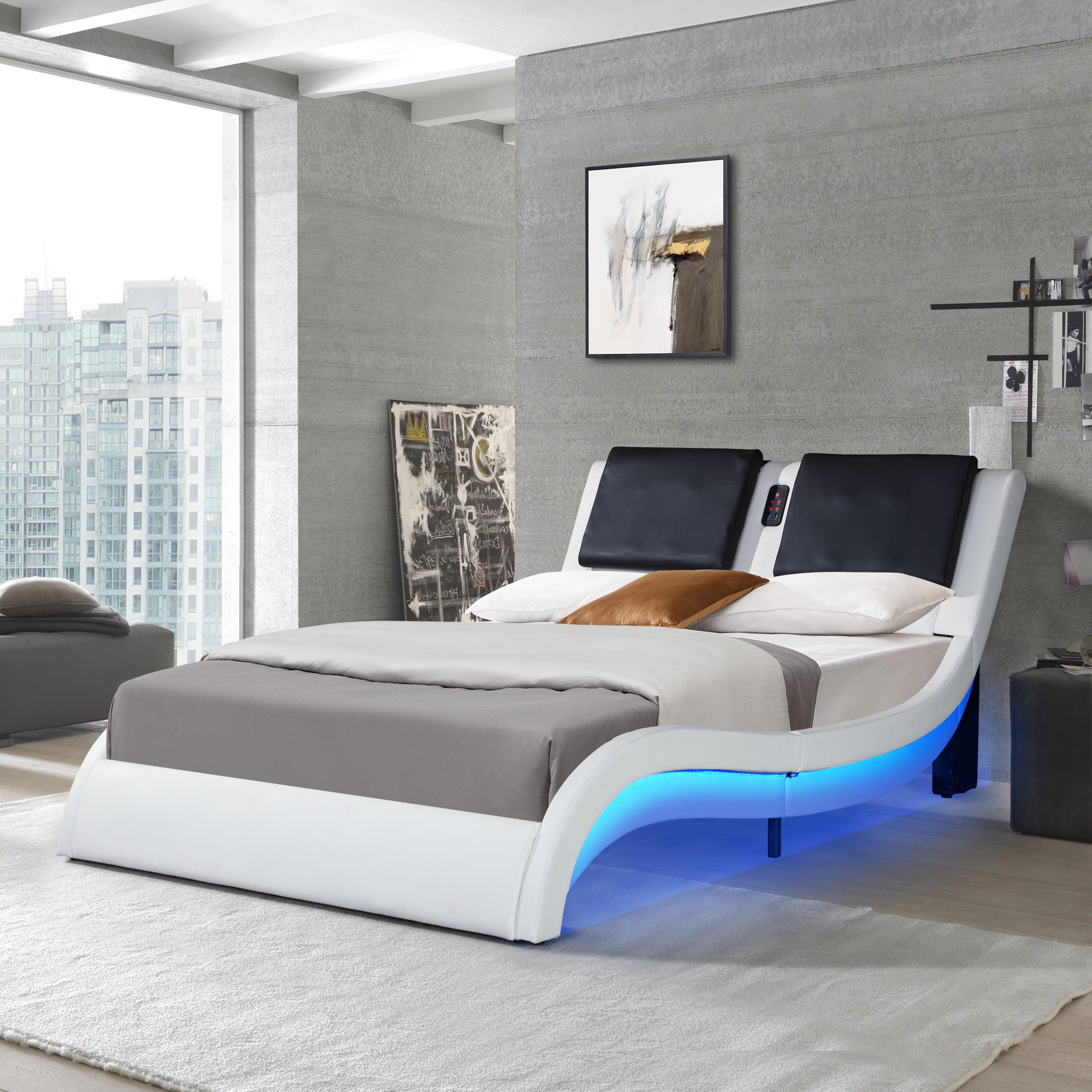 🆓🚛 Faux Leather Upholstered Platform Bed Frame With Led Lighting, Bluetooth Connection To Play Music Control, Backrest Vibration Massage, Curve Design, Wood Slat Support, Queen, White