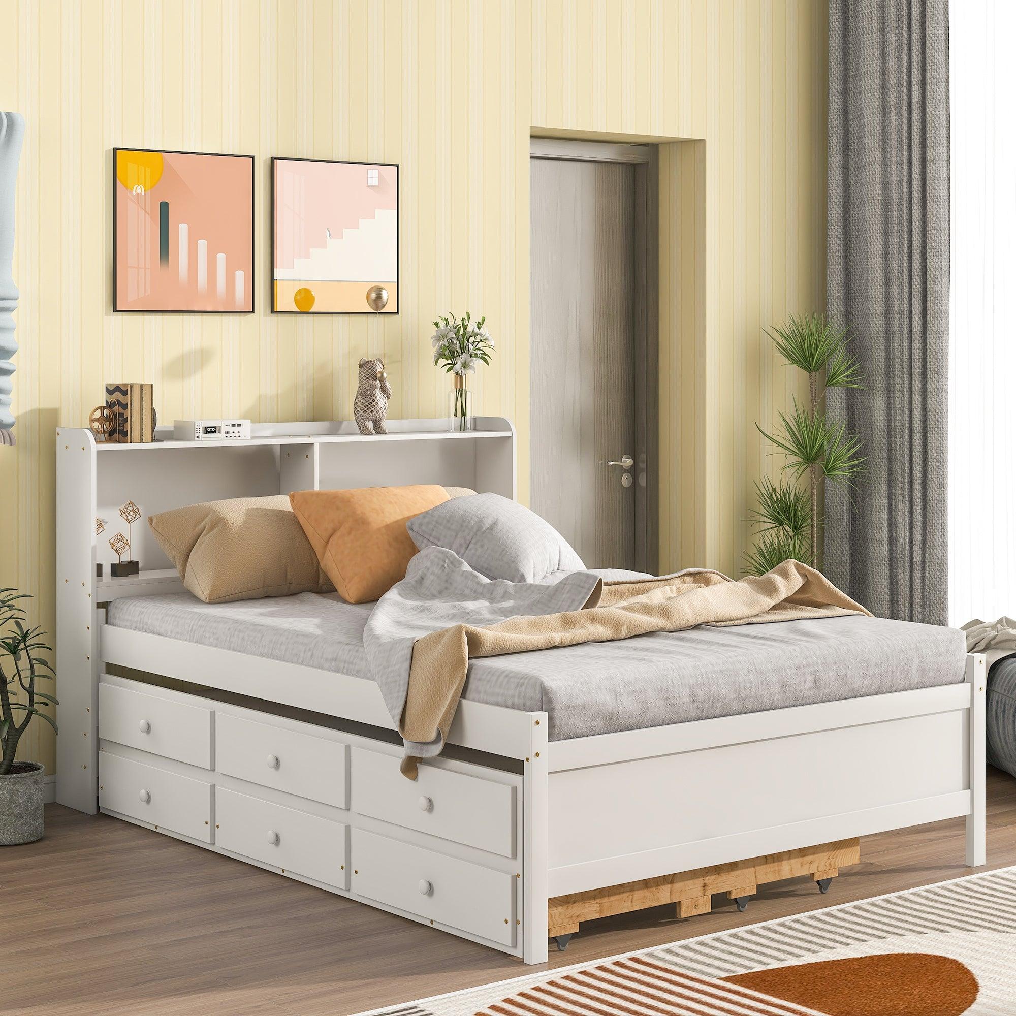 Full Bed With Bookcase, Twin Trundle & Drawers, White