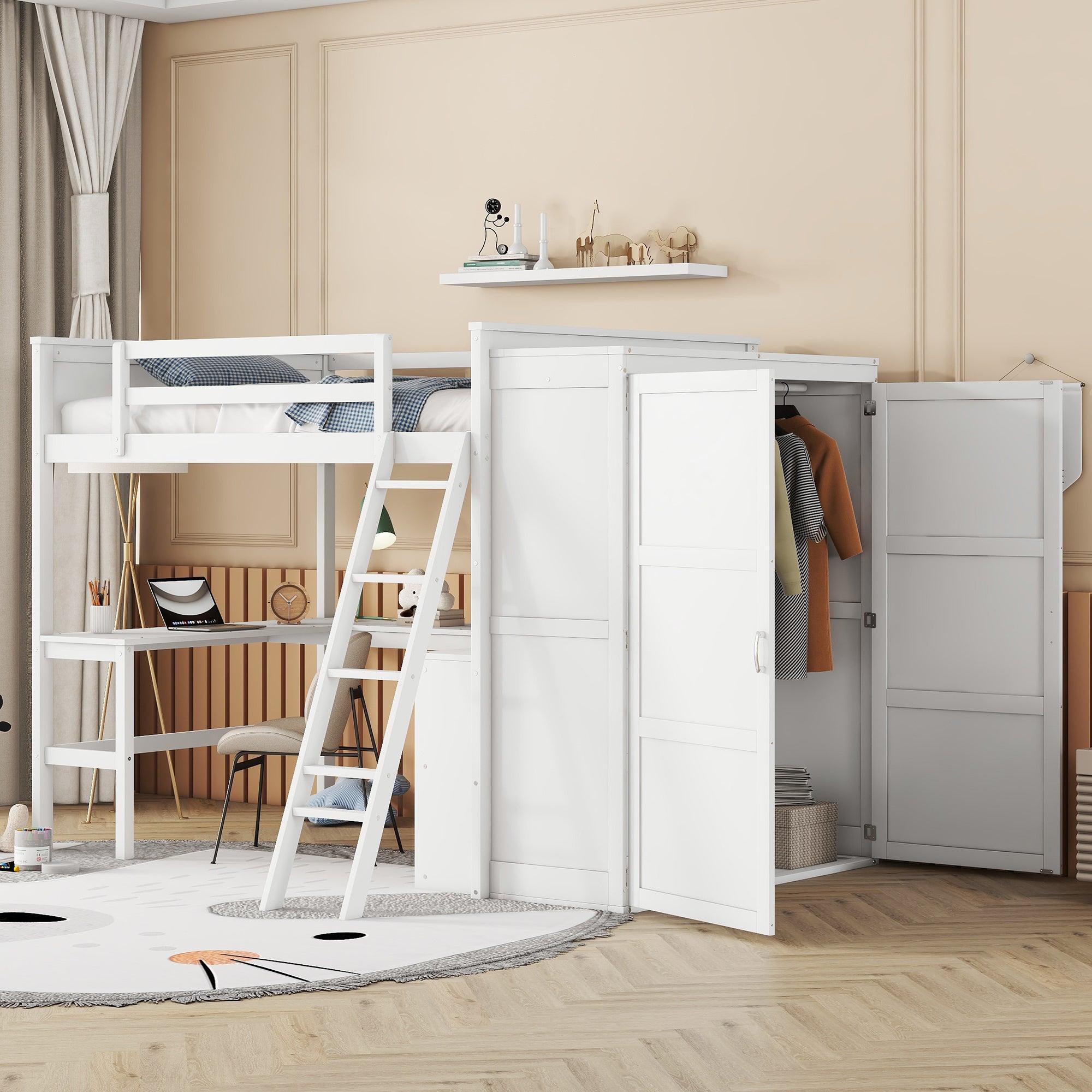 🆓🚛 Full Size Loft Bed With Desk, Shelves & Wardrobe-White