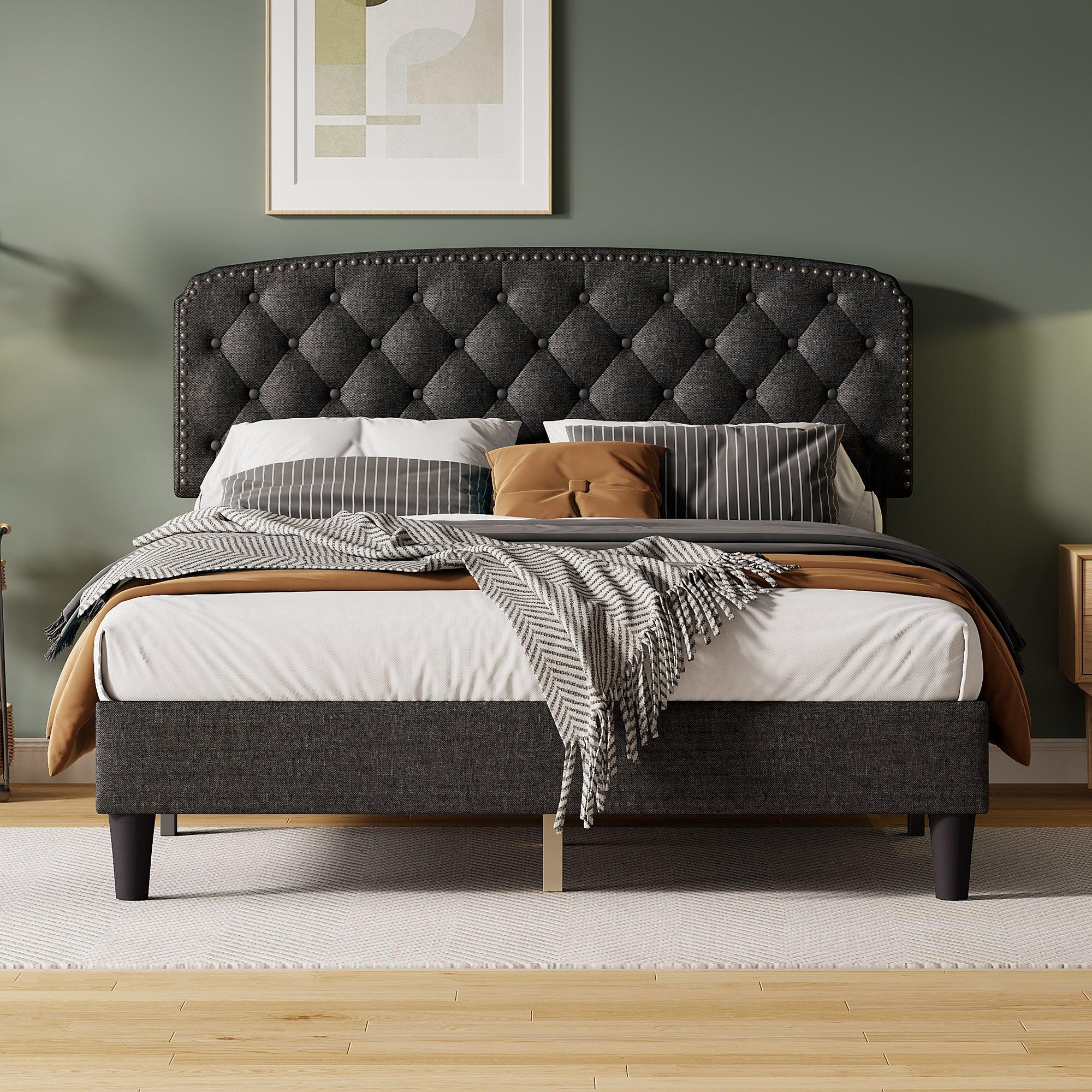 🆓🚛 Queen Size Adjustable Headboard With Fine Linen Upholstery & Button Tufting for Bedroom, Wave Top Dark Gray