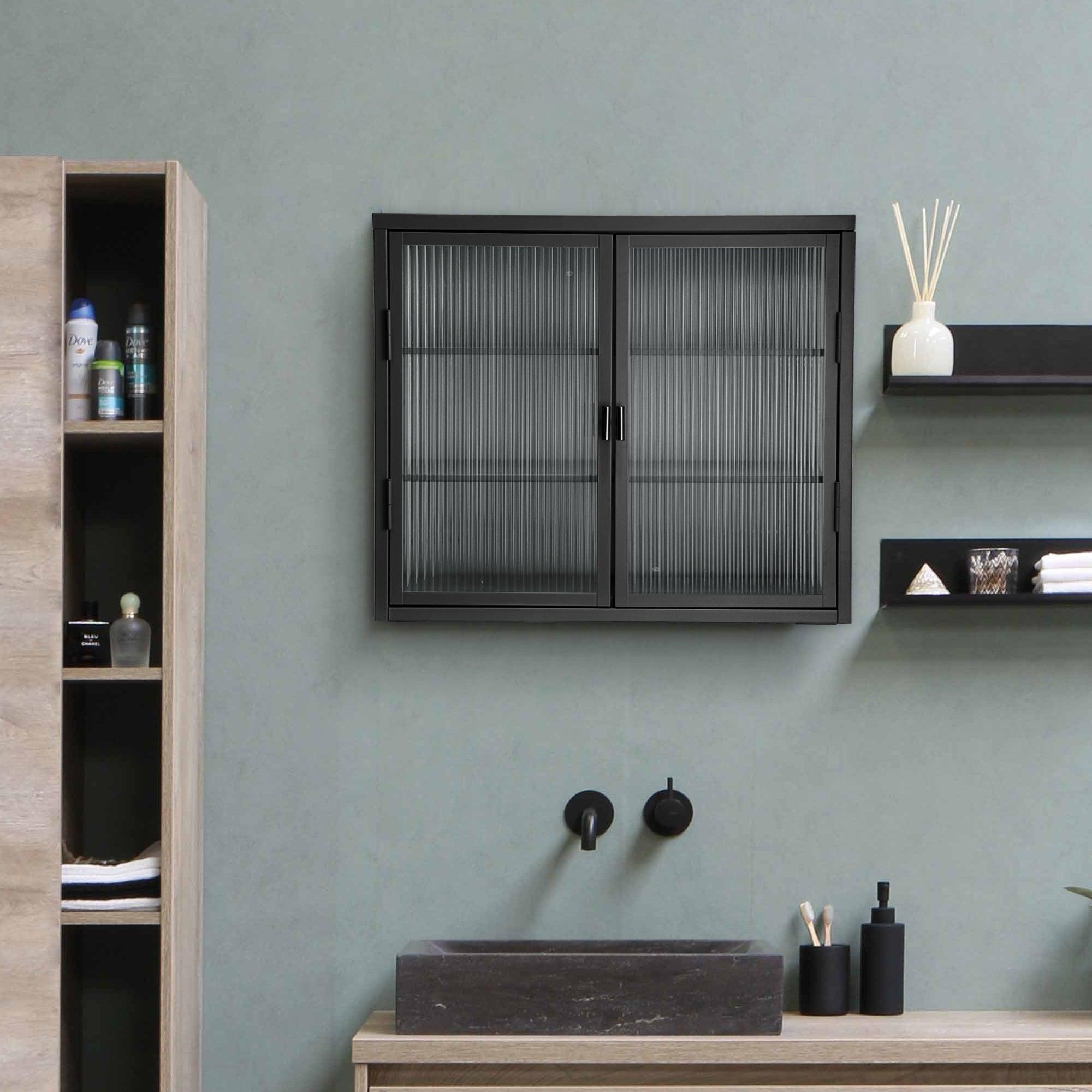 🆓🚛 Retro Style Haze Double Glass Door Wall Cabinet With Detachable Shelves for Office, Dining Room, Living Room, Kitchen & Bathroom, Black