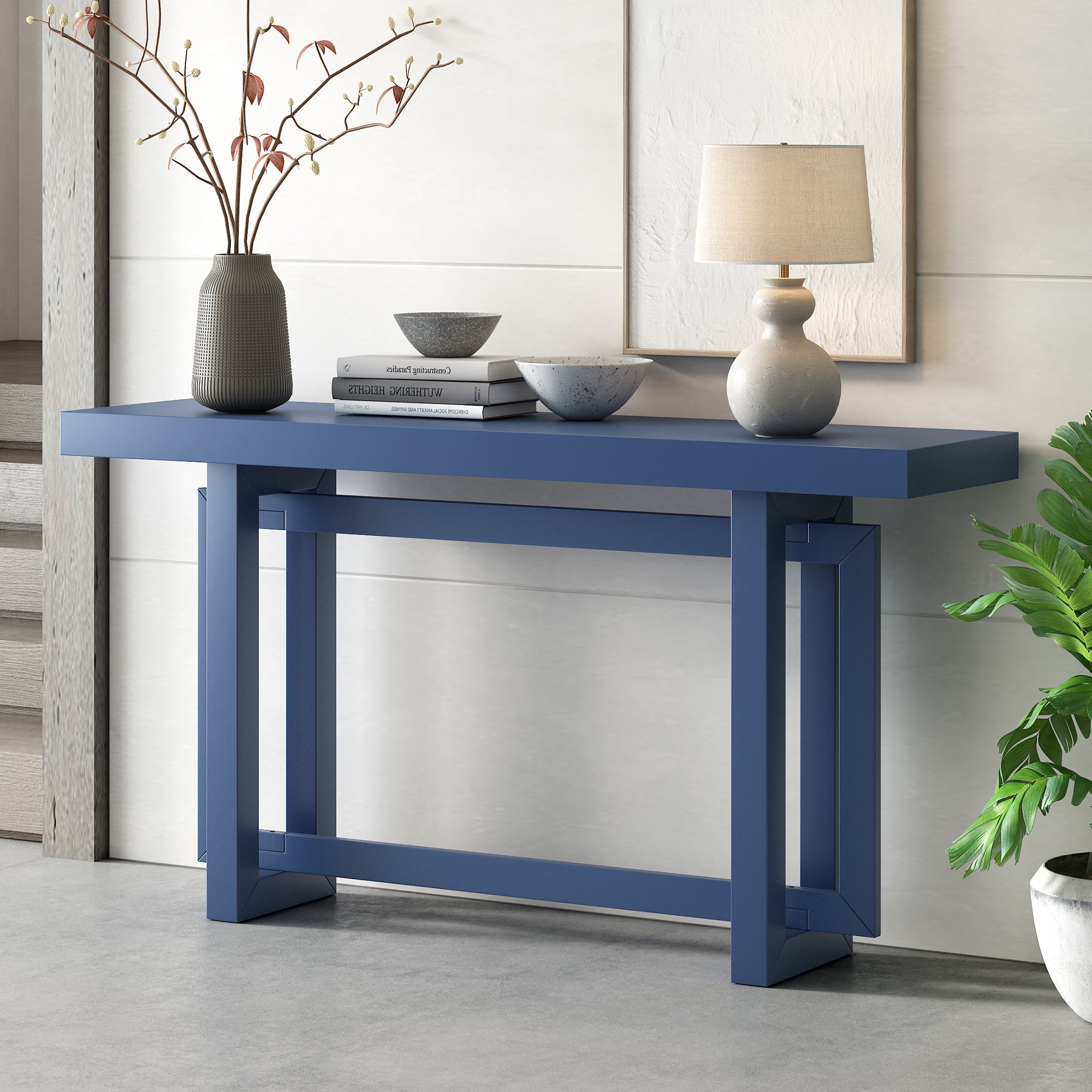 🆓🚛 Contemporary Console Table With Industrial-Inspired Concrete Wood Top, Extra Long Entryway Table, Blue