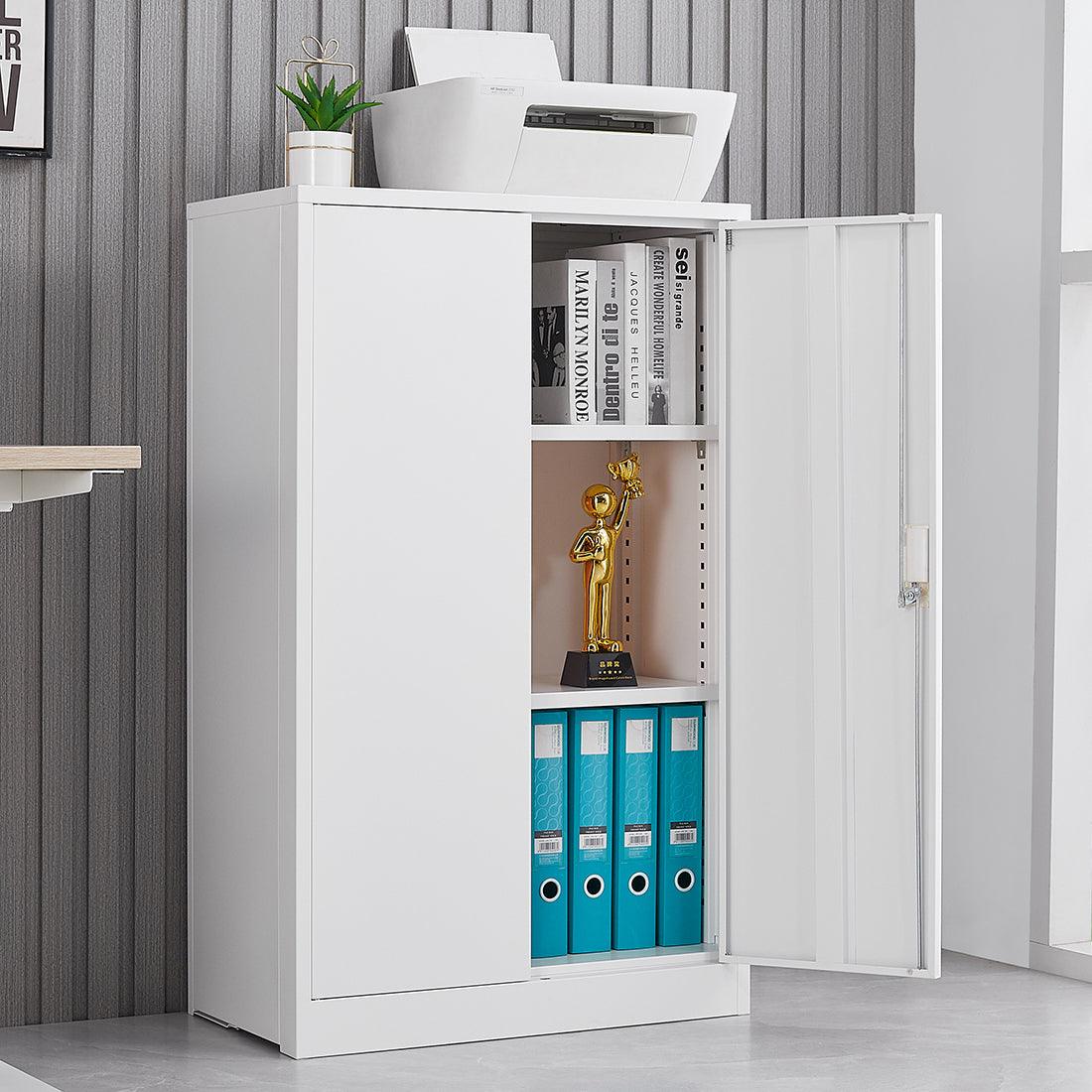 🆓🚛 Low Metal Storage Cabinet With Locking Doors & Adjustable Shelves - White