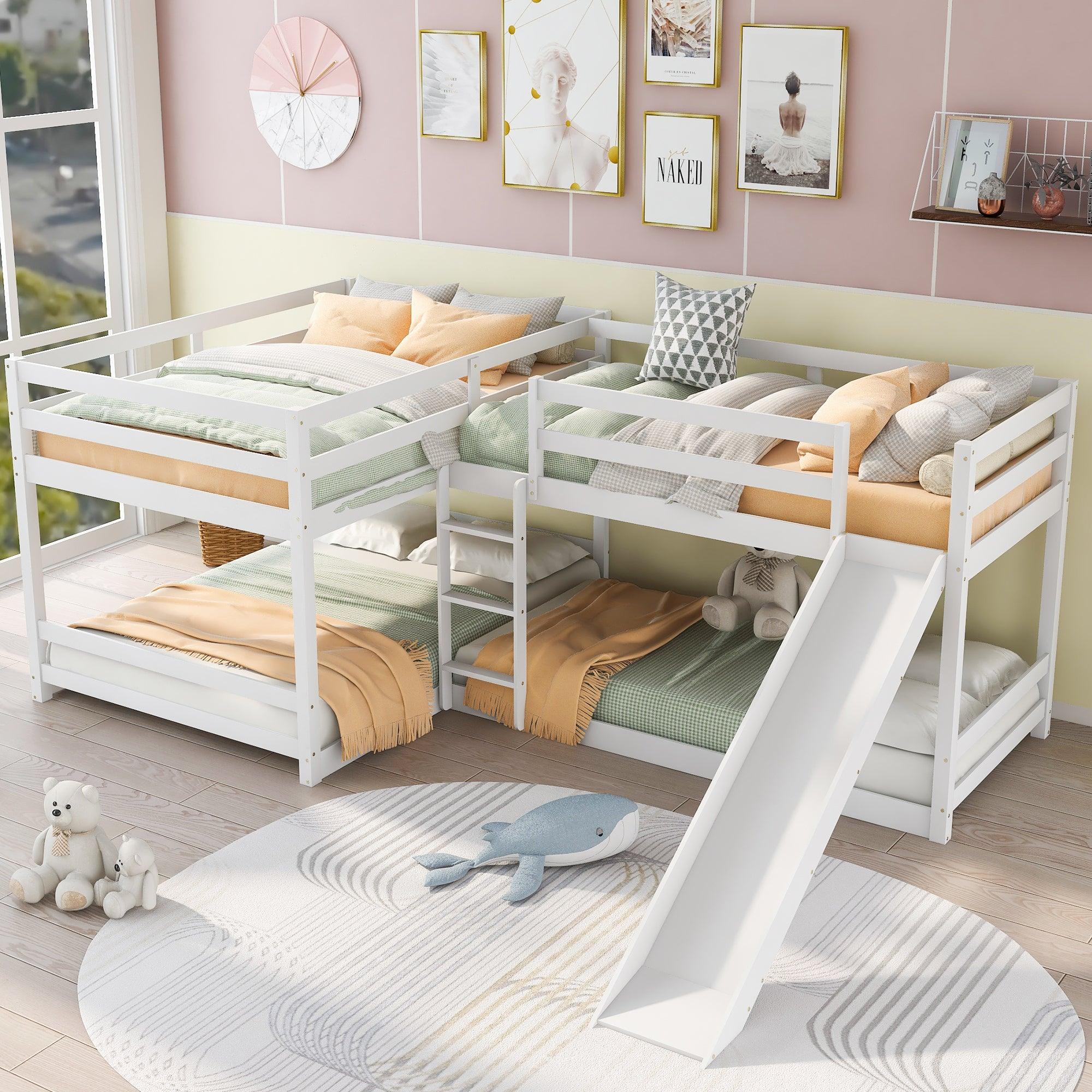 🆓🚛 Full & Twin Size L-Shaped Bunk Bed With Slide & Short Ladder, White