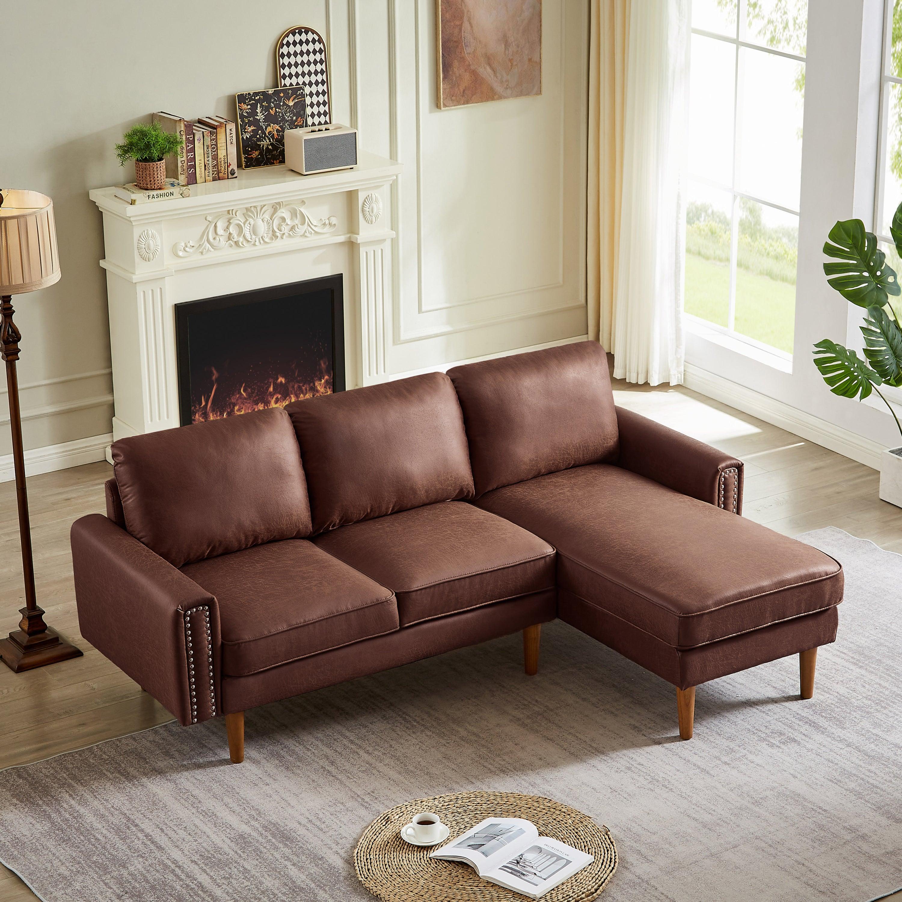 🆓🚛 82.2"L-Shape Sofa Couch With Chais Mid-Century Copper Nail On Arms, Strong Wooden Leg & Suede Fabric Design That Will Complement Any Living Space, Right Chaise, Dark Brown