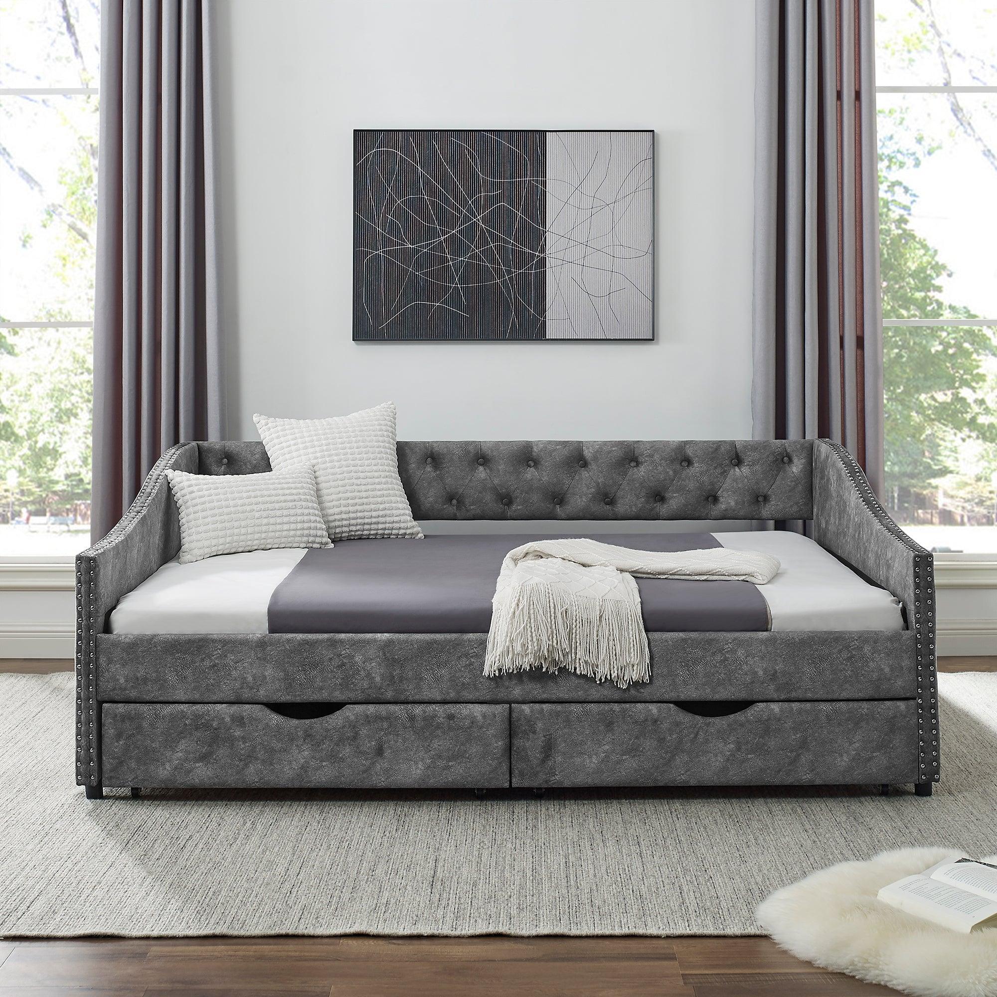 Full Size Daybed With Drawers Upholstered Tufted Sofa Bed, With Button On Back And Copper Nail On Waved Shape Arms?Gray?80.5“X55.5”X27.5“?