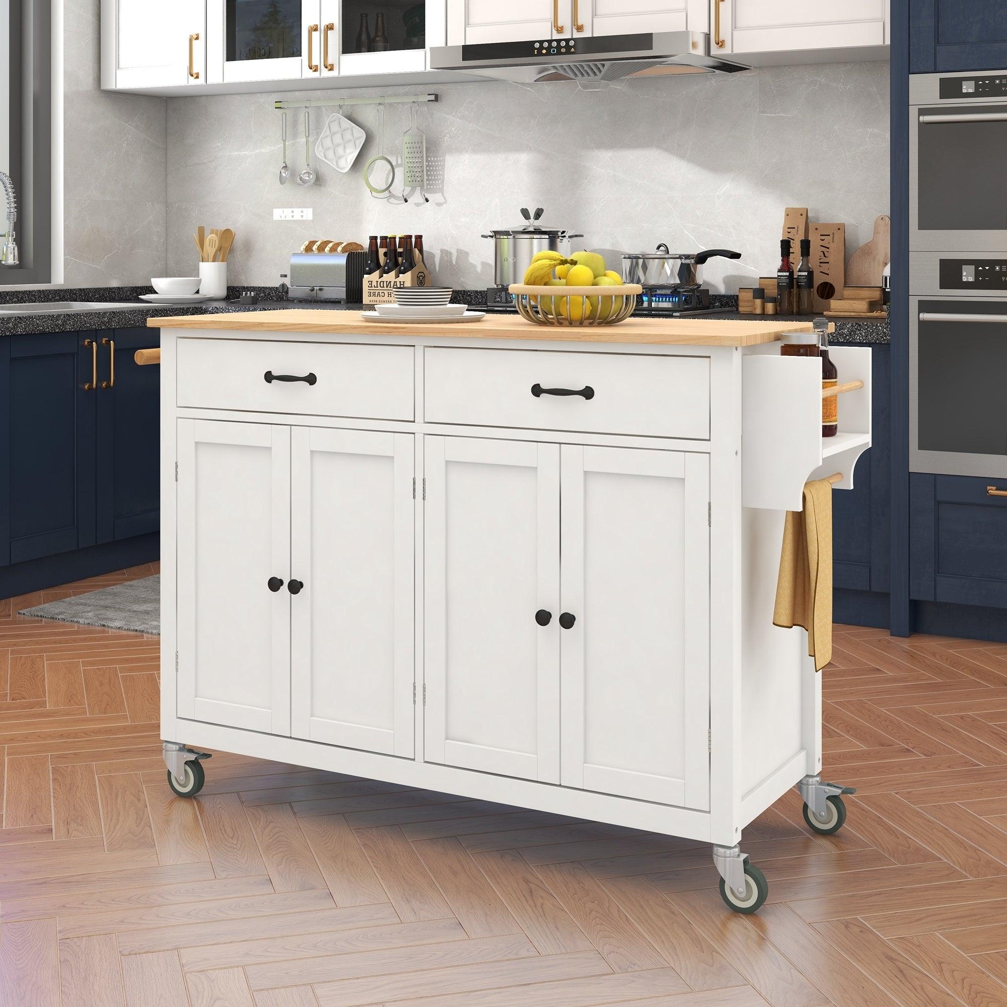 🆓🚛 Kitchen Island Cart With Solid Wood Top & Locking Wheels, 54.3 Inch Width, 4 Door Cabinet & Two Drawers, Spice Rack, Towel Rack (White)