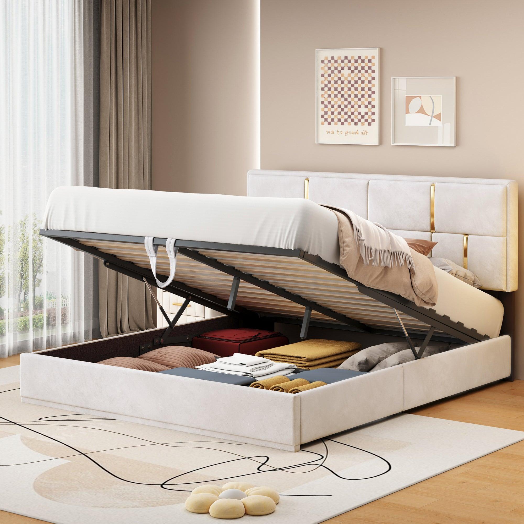 🆓🚛 Queen Size Upholstered Platform Bed With Hydraulic Storage System, No Box Spring Needed, Beige