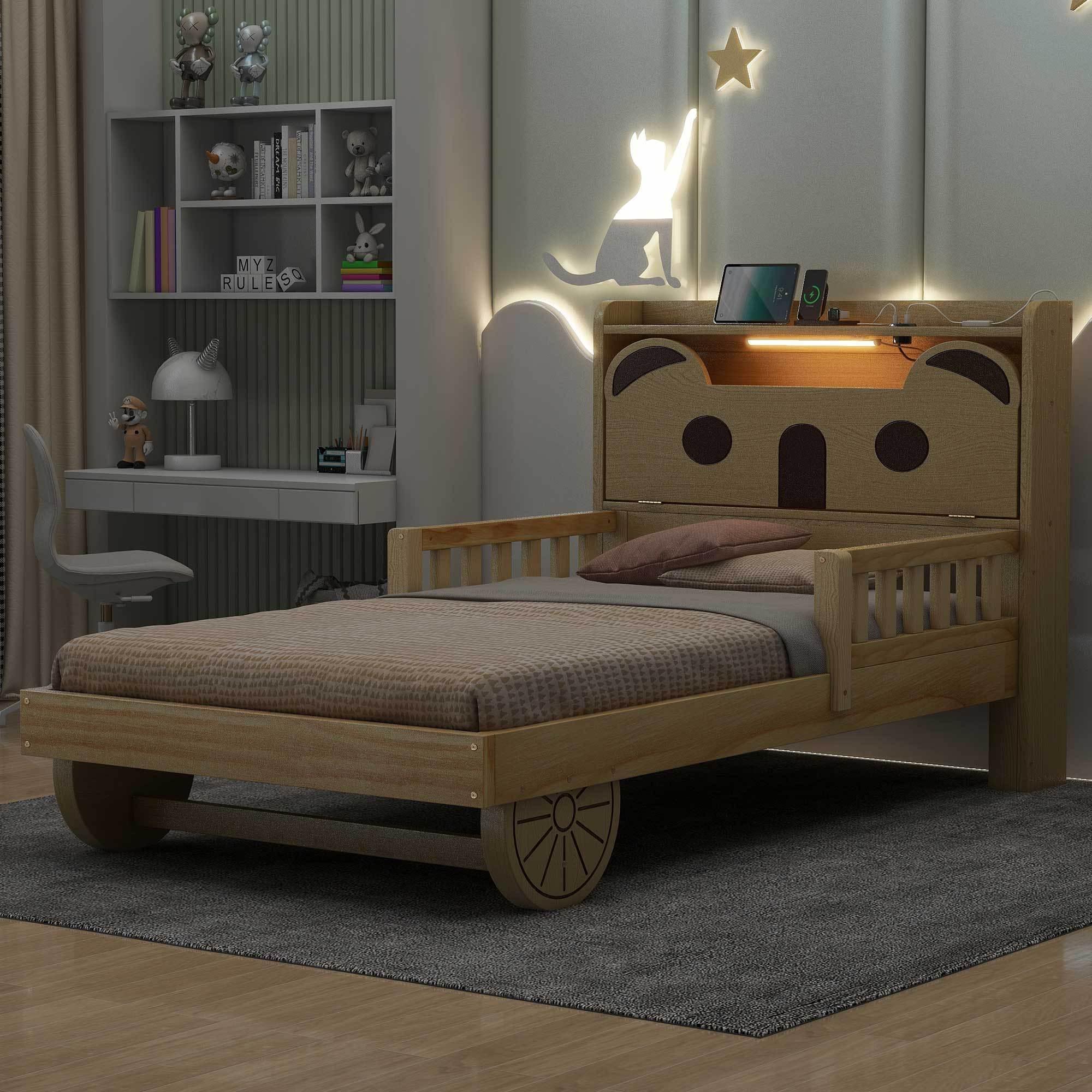 🆓🚛 Twin Size Car Bed With Bear-Shaped Headboard, Usb & Led, Natural