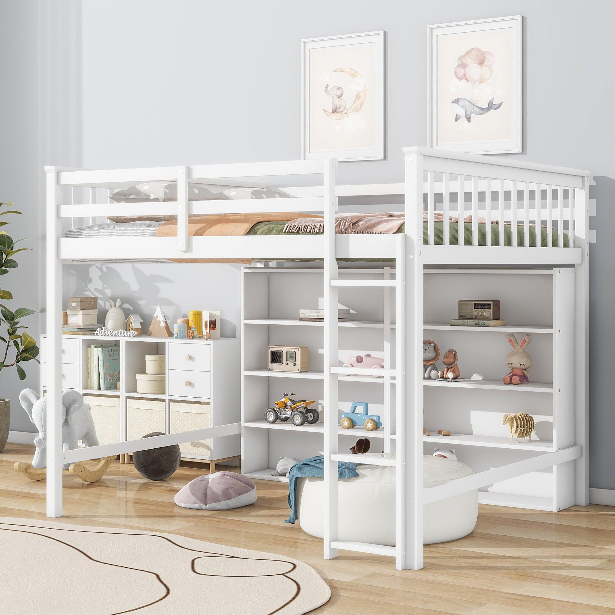 🆓🚛 Full Size Loft Bed With 8 Open Storage Shelves & Built-in Ladder, White