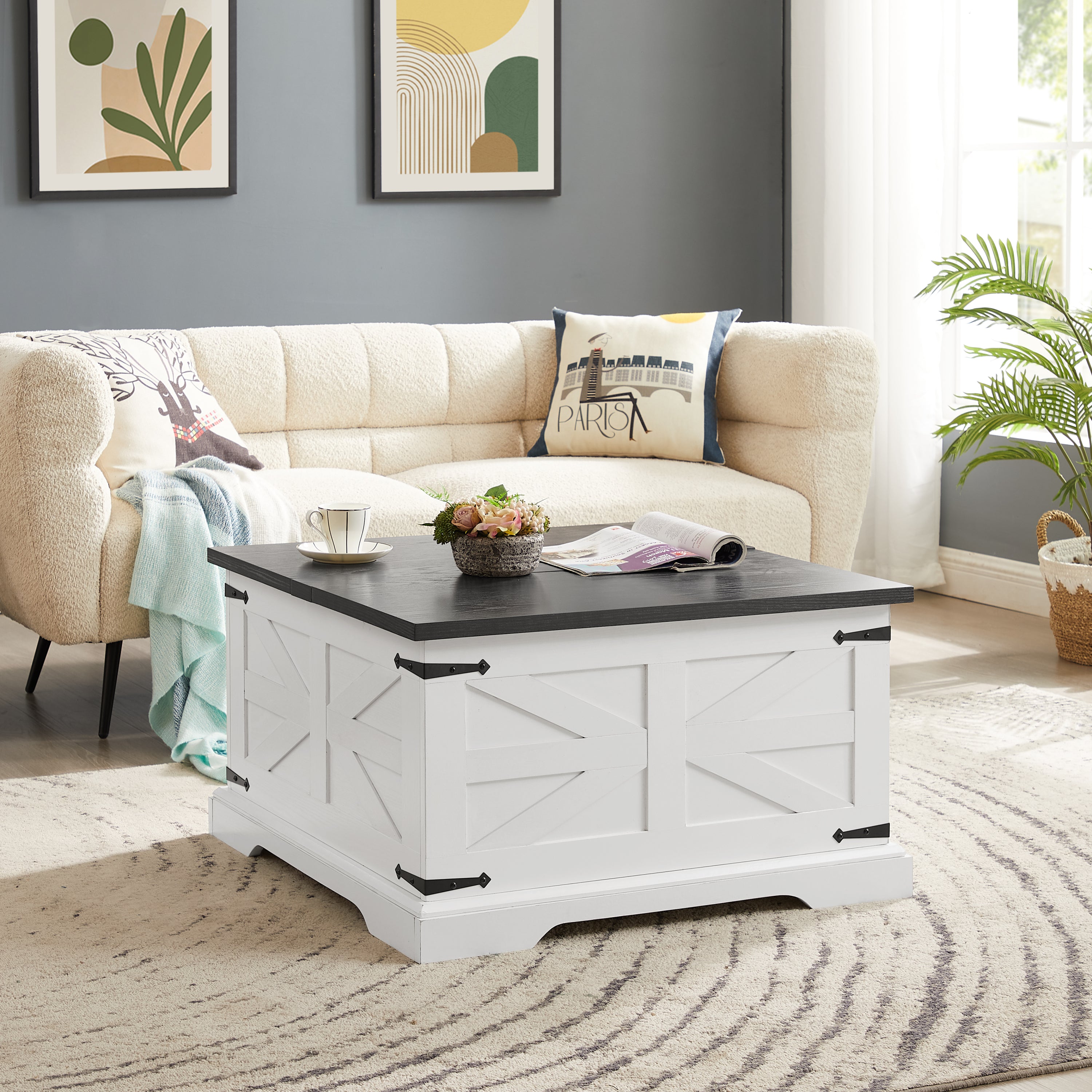 🆓🚛 Farmhouse Coffee Table, Square Wood Center Table With Large Hidden Storage Compartment for Living Room, Barn Design Center Table Rustic Cocktail Table With Hinged Lift Top, White & Gray