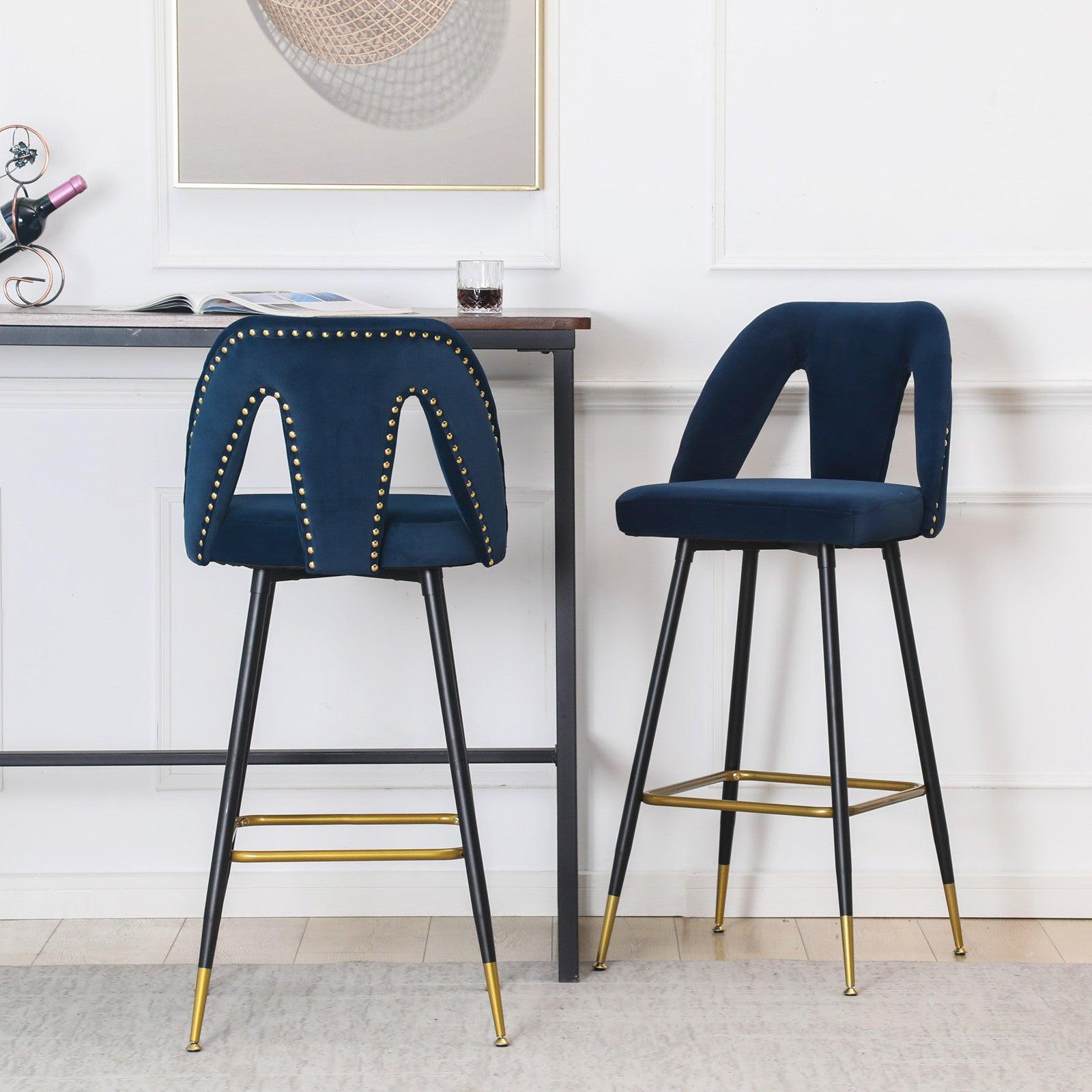 🆓🚛 Modern | Contemporary Velvet Upholstered Connor 28" Bar Stool With Nailheads & Gold Tipped Black Metal Legs, Set Of 2, Blue