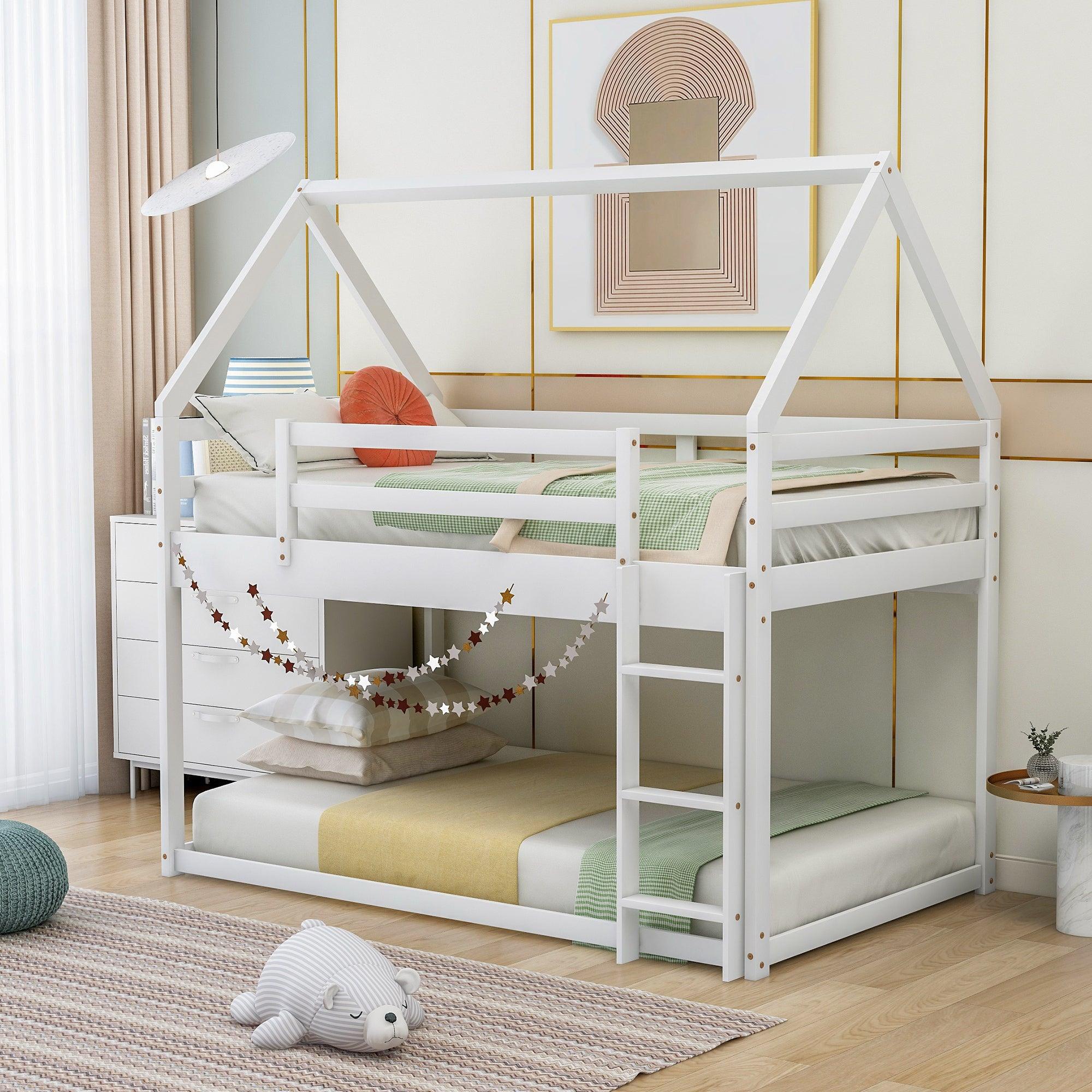 🆓🚛 Twin Over Twin Low Bunk Bed, House Bed With Ladder, White