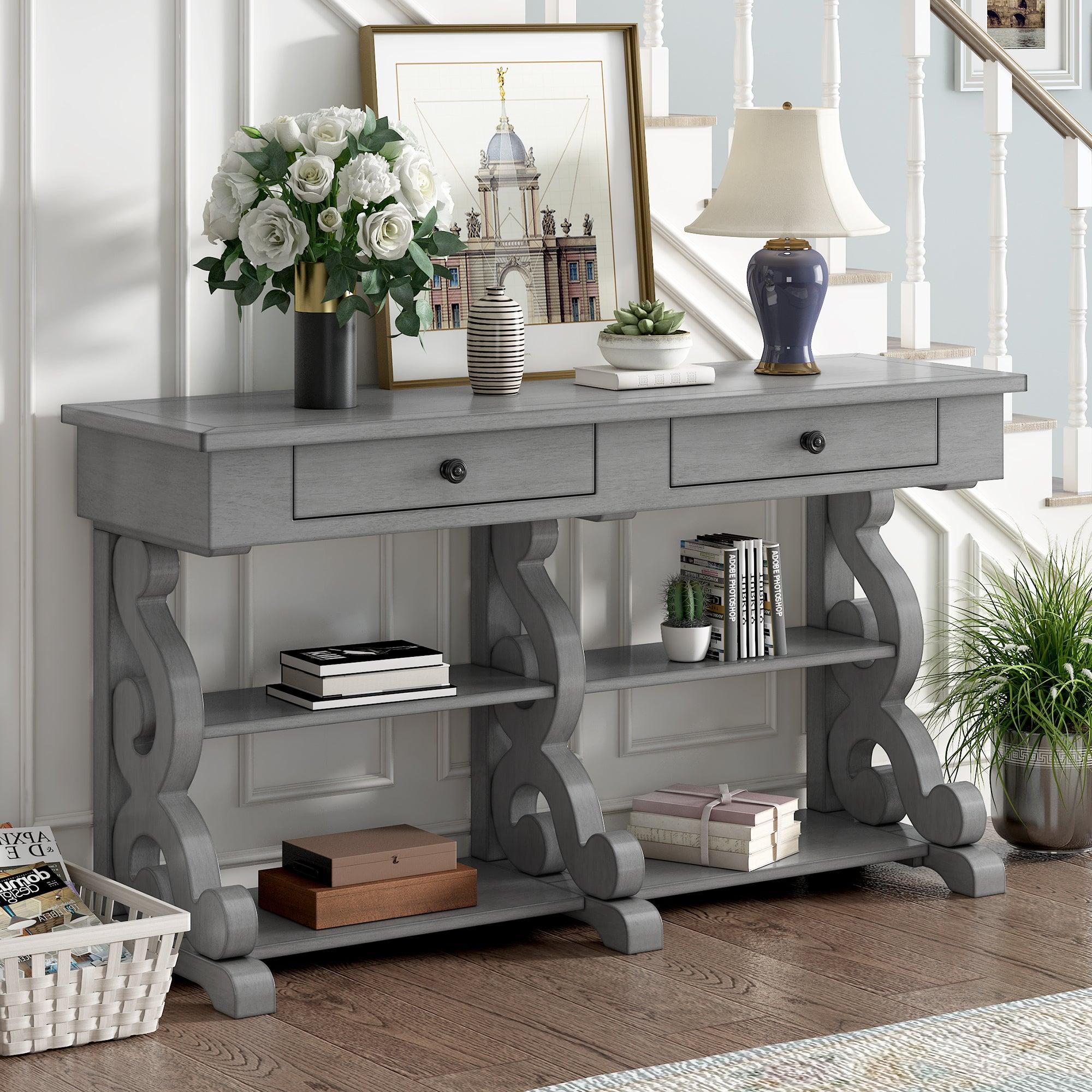 🆓🚛 Retro Console Table/Sideboard With Ample Storage, Open Shelves & Drawers for Entrance, Dinning Room, Living Room (Antique Gray)