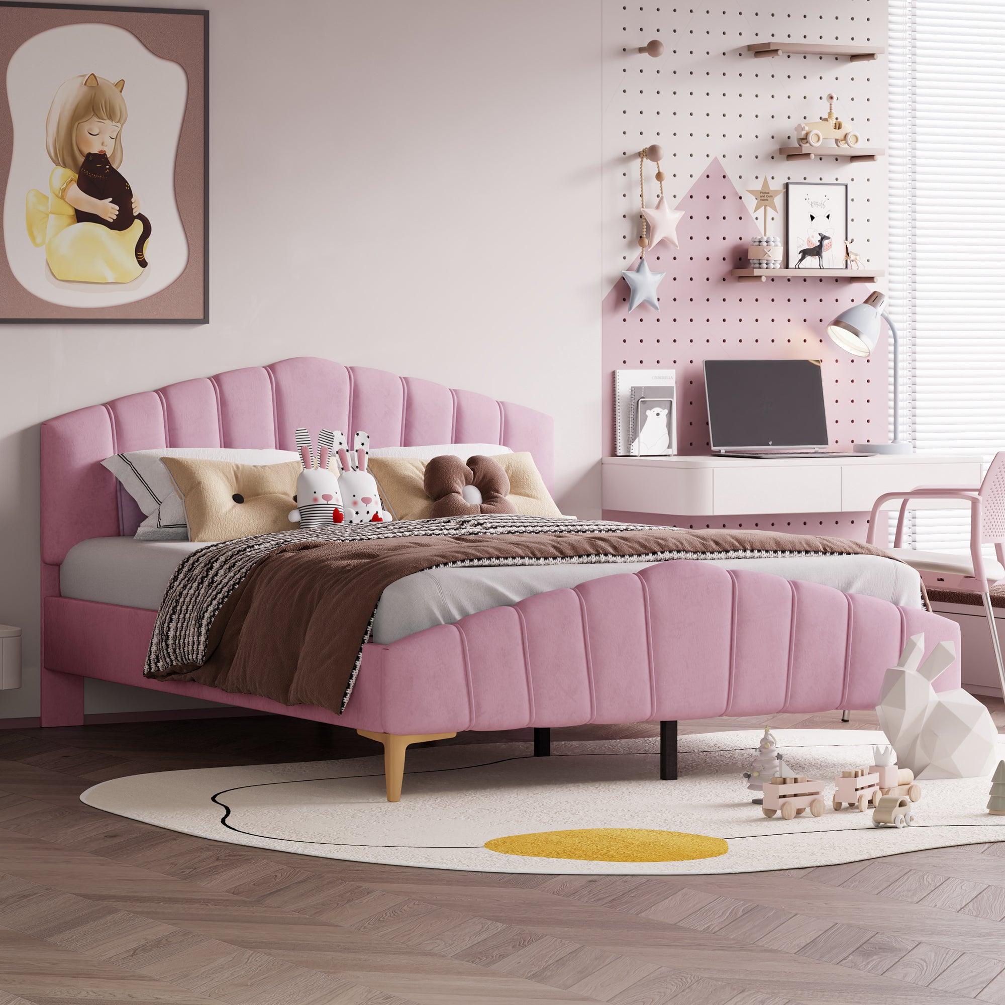 🆓🚛 Queen Size Velvet Platform Bed With Thick Fabric, Stylish Stripe Decorated Bedboard & Elegant Metal Bed Leg, Pink