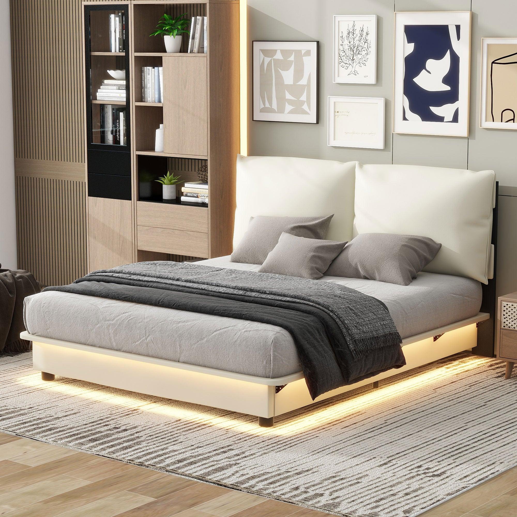 🆓🚛 Queen Size Upholstered Platform Bed With Sensor Light & Ergonomic Design Backrests, White