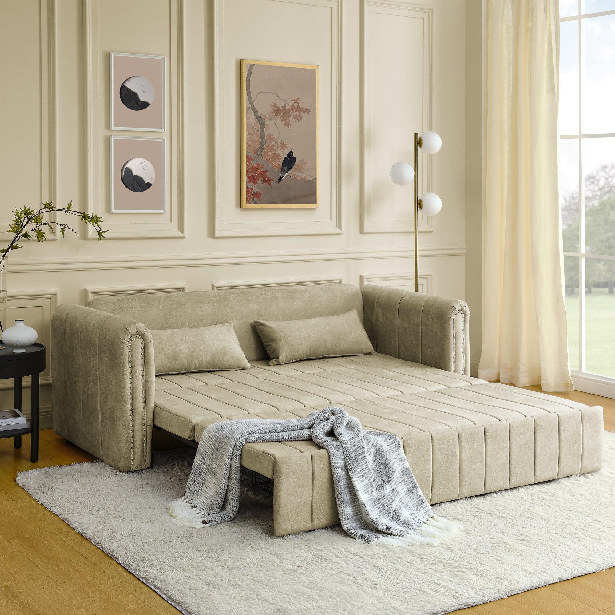 🆓🚛 3 in 1 Pull-Out Bed Sleeper Sofa, Rolled Arms, Copper Nails, 2 Drawers, 2 Pillows, Beige